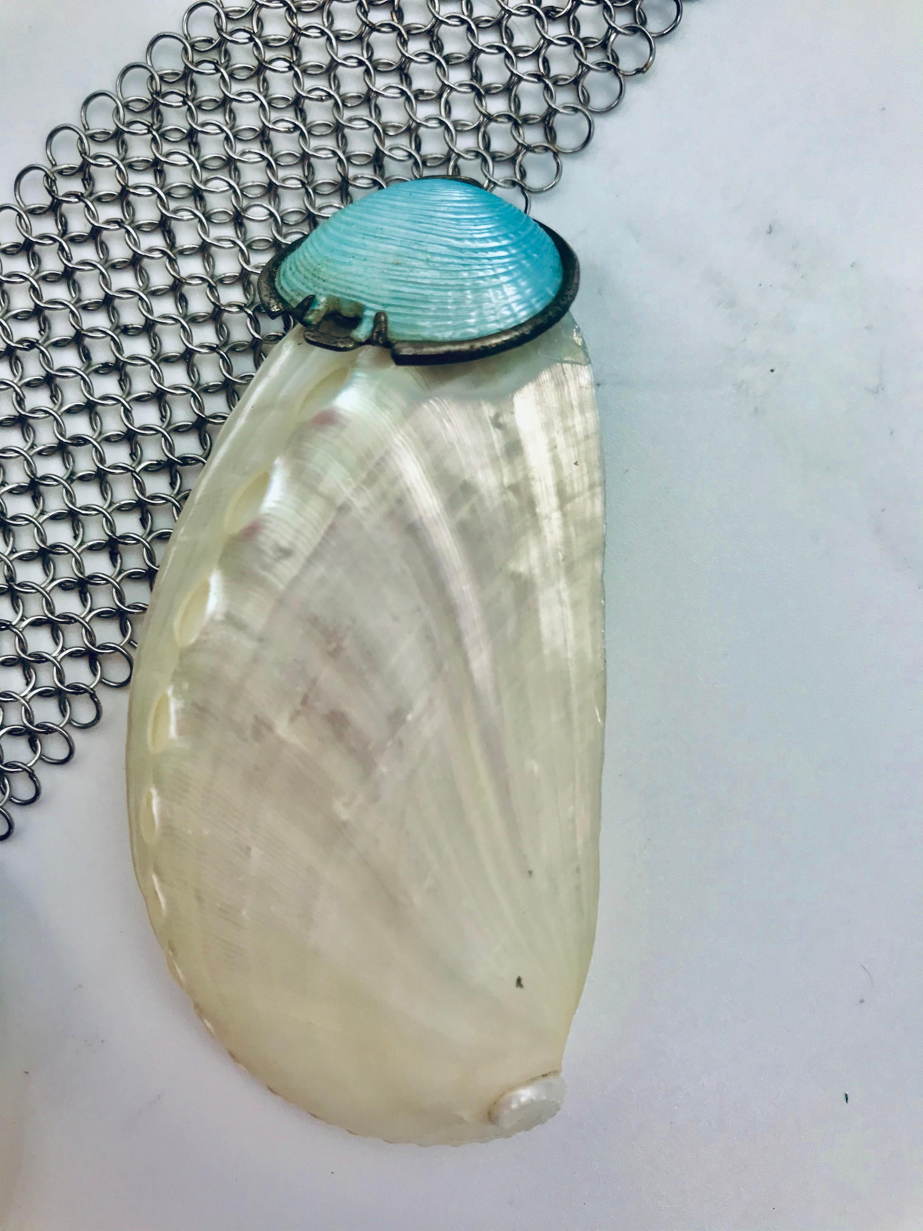 Women's Art Deco Shell Necklace , up-cycled with Stainless Steel Mesh , by Sylvia Gottwald For Sale