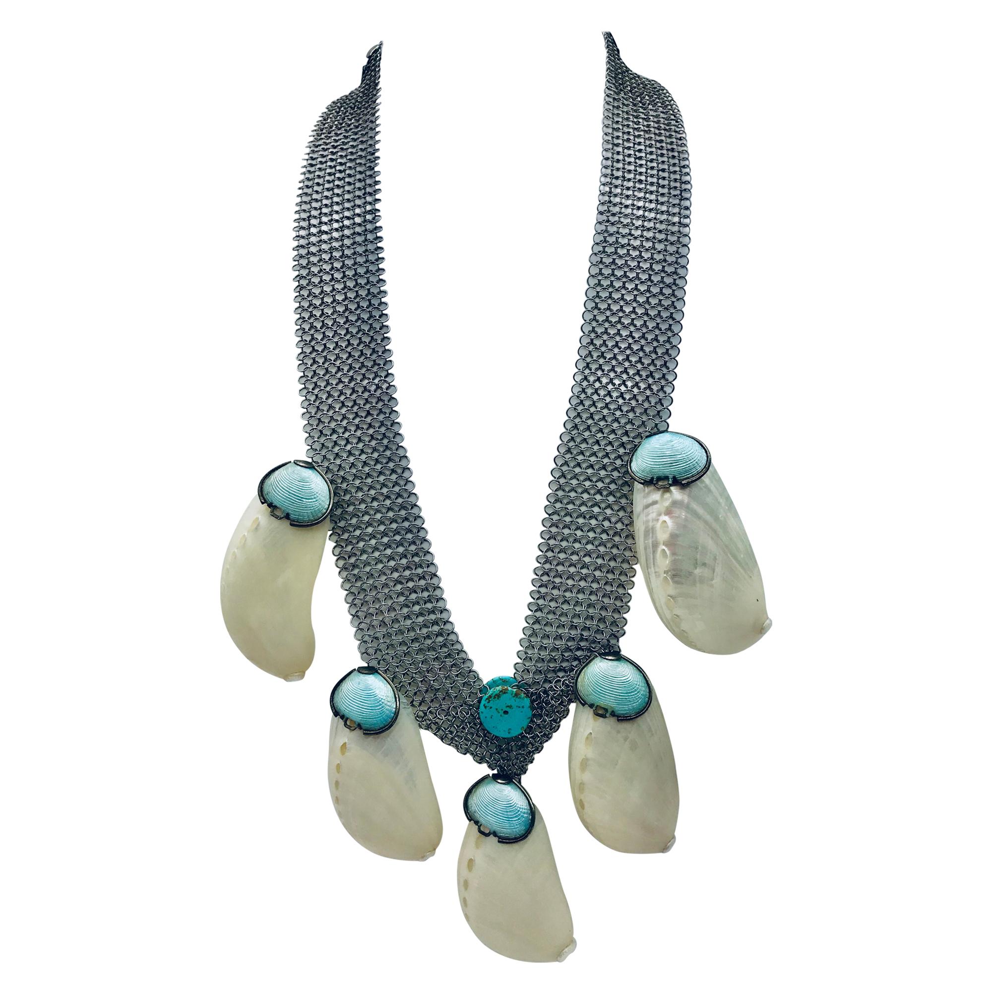 Art Deco Shell Necklace , up-cycled with Stainless Steel Mesh , by Sylvia Gottwald For Sale