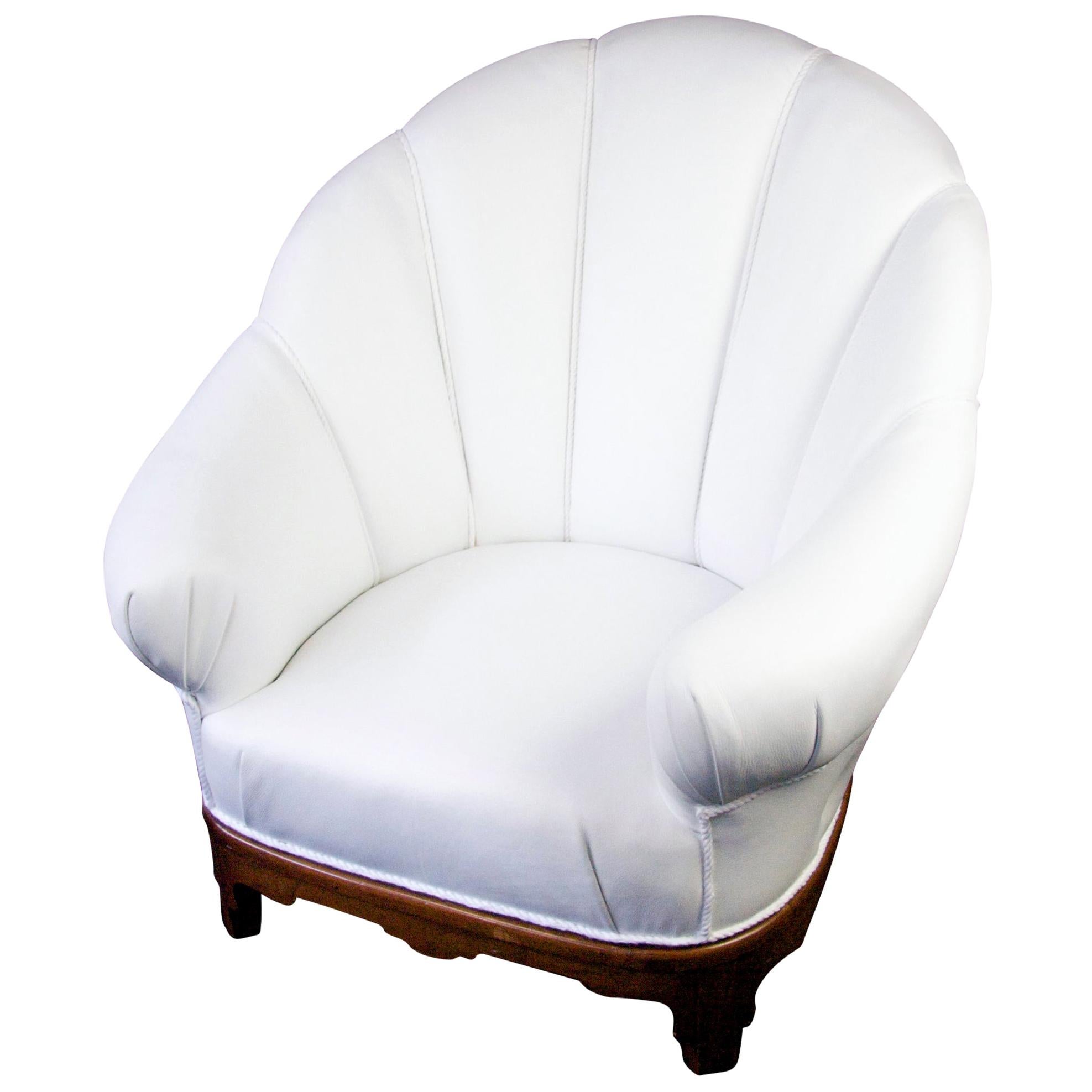 Art Deco Shellback Armchair White Italian Leather Fluted Decoration, Swedish