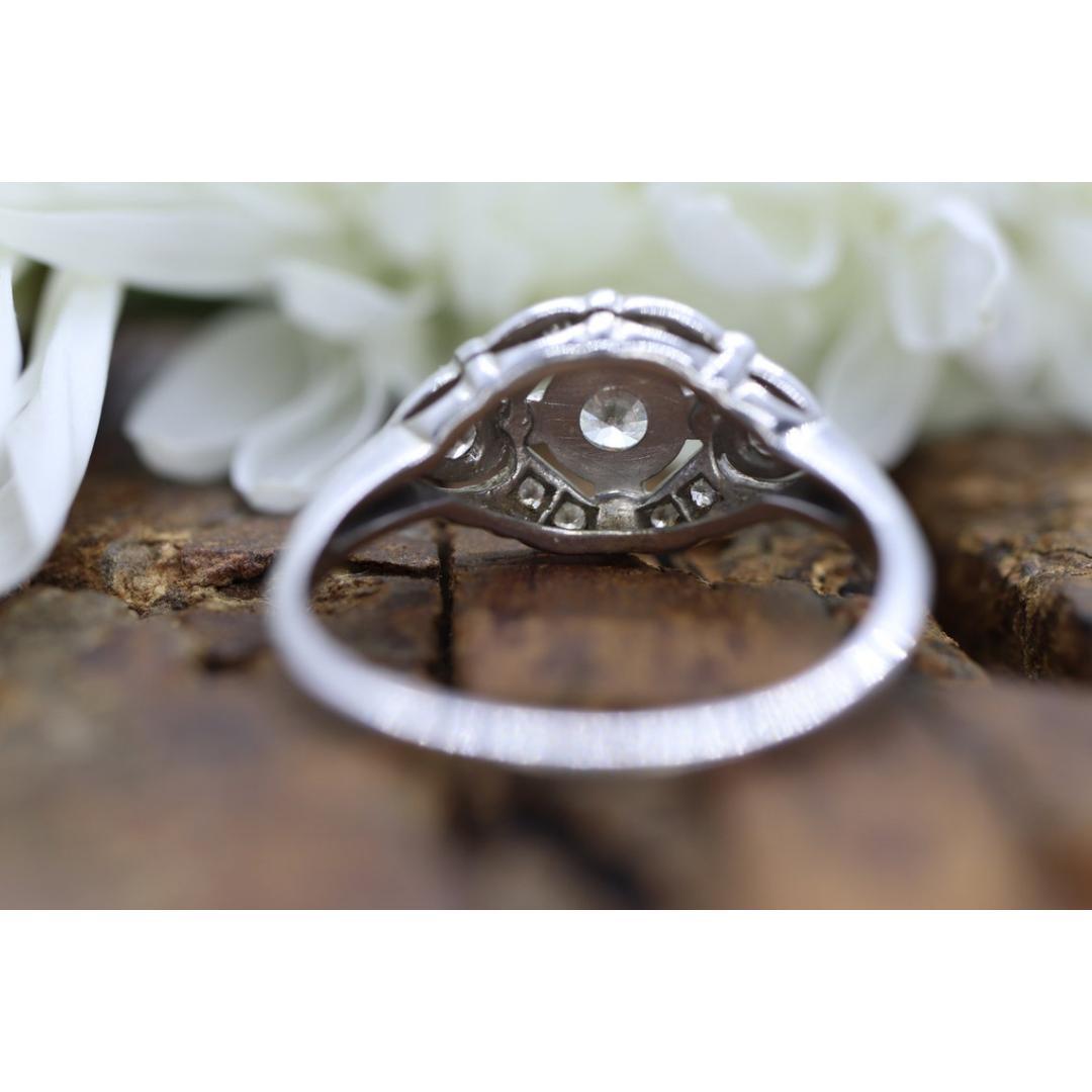 Art Deco Shield ring. 14k white gold with diamonds and filigree open design. In Good Condition For Sale In Port Charlotte, FL