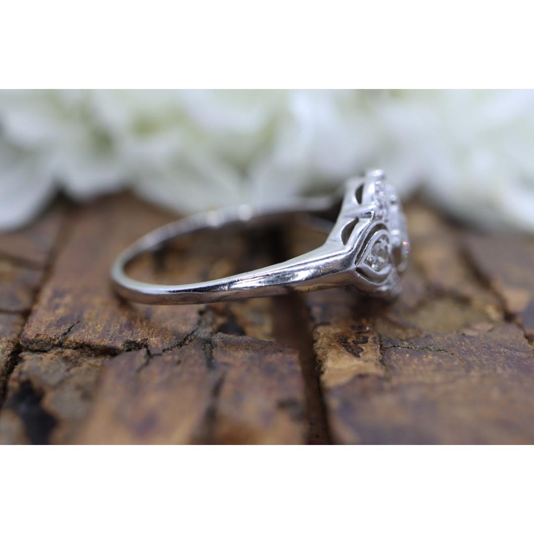Women's Art Deco Shield ring. 14k white gold with diamonds and filigree open design. For Sale