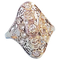 Bague bouclier Art déco en or blanc 14 carats avec diamants européens anciens 1 carat
