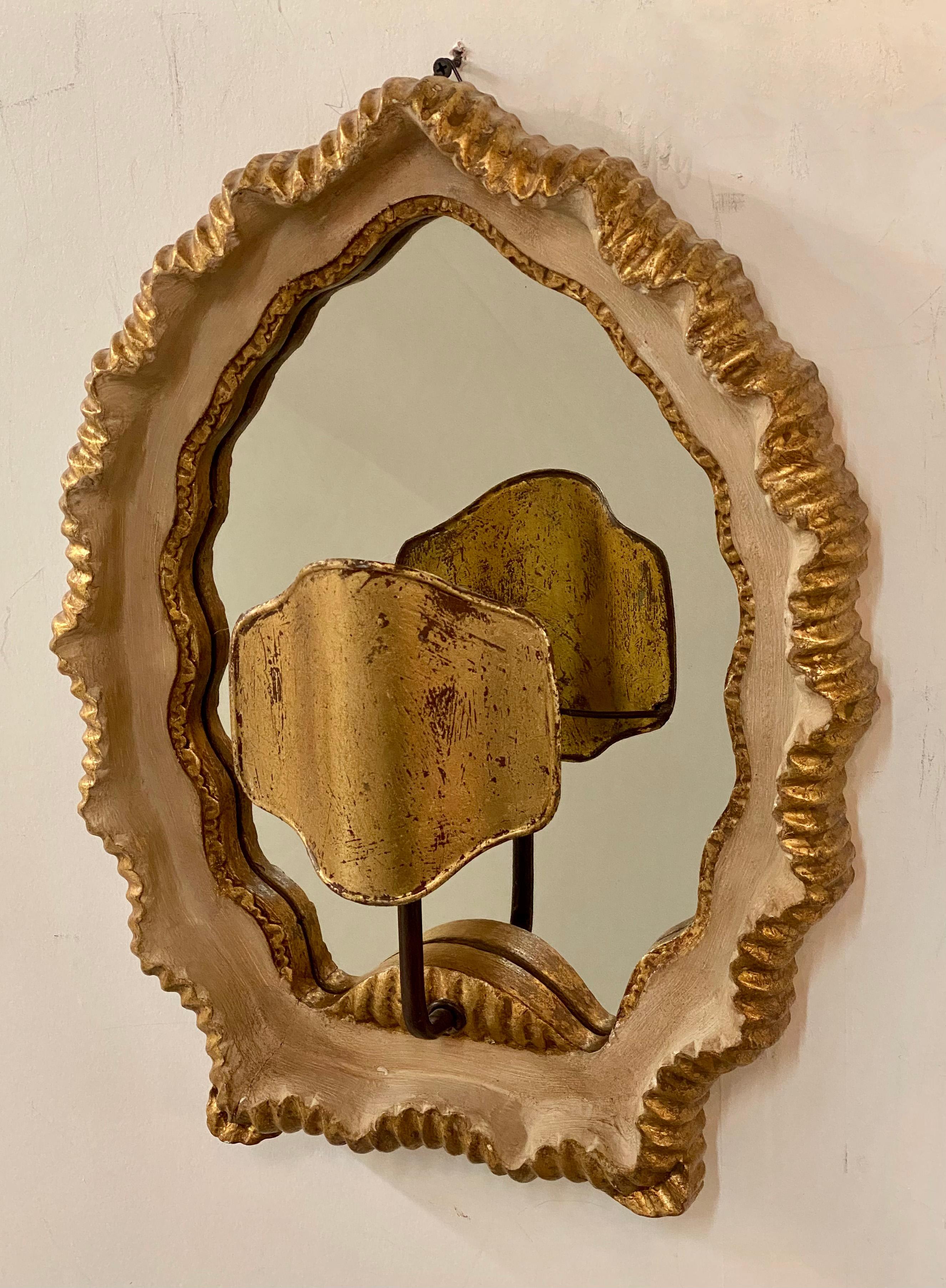 20th Century Art Deco Shield Shaped Mirrored Wall Sconce with Scalloped Frame, a Pair  For Sale