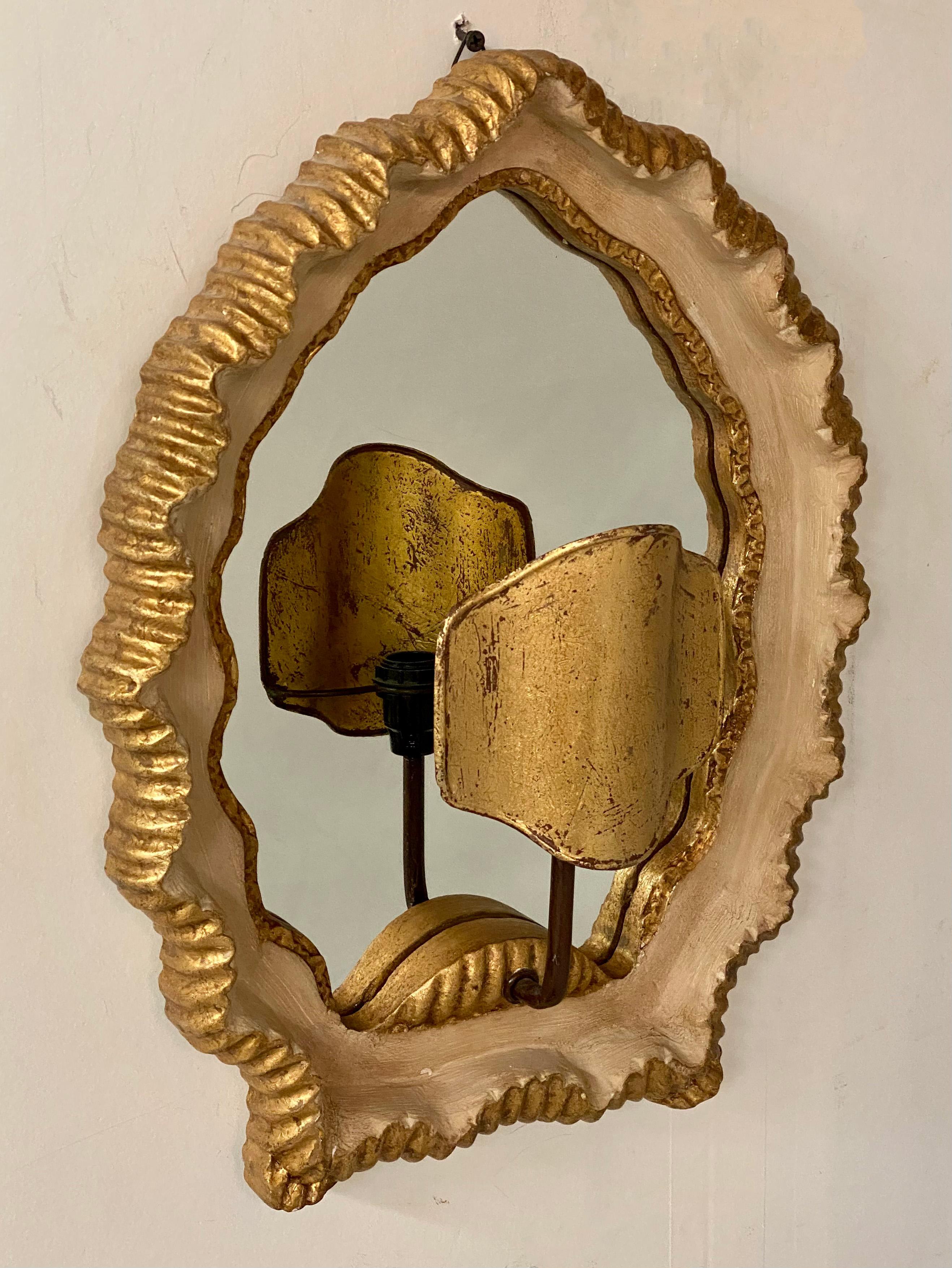 Art Deco Shield Shaped Mirrored Wall Sconce with Scalloped Frame, a Pair  For Sale 1