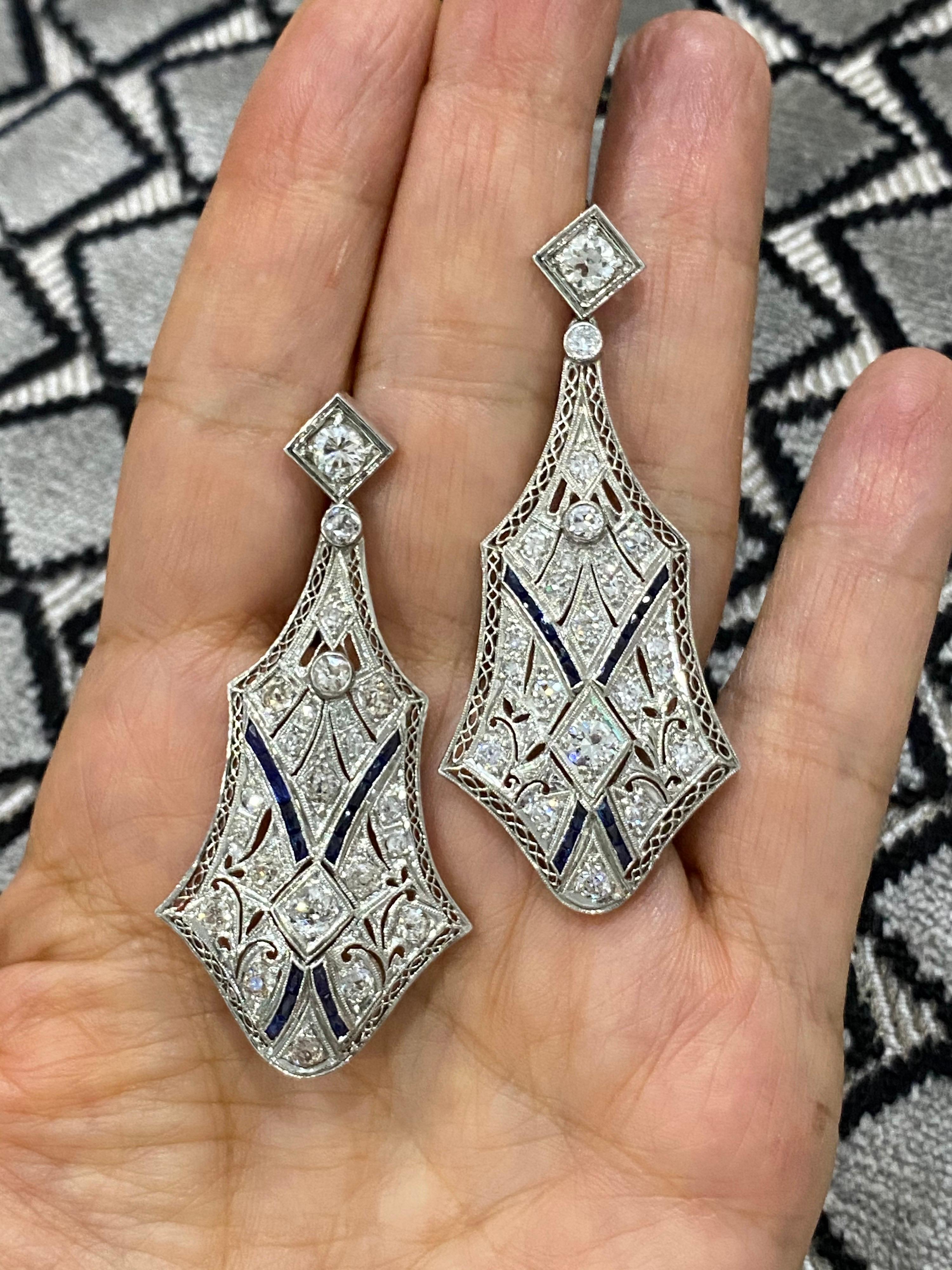 Approximately 3+ carats total weight Diamonds, accented with French-Cut synthetic sapphires. ( true to the period)
We were so excited by these, rare, size, style & craftsmanship they have it all.
Post back.