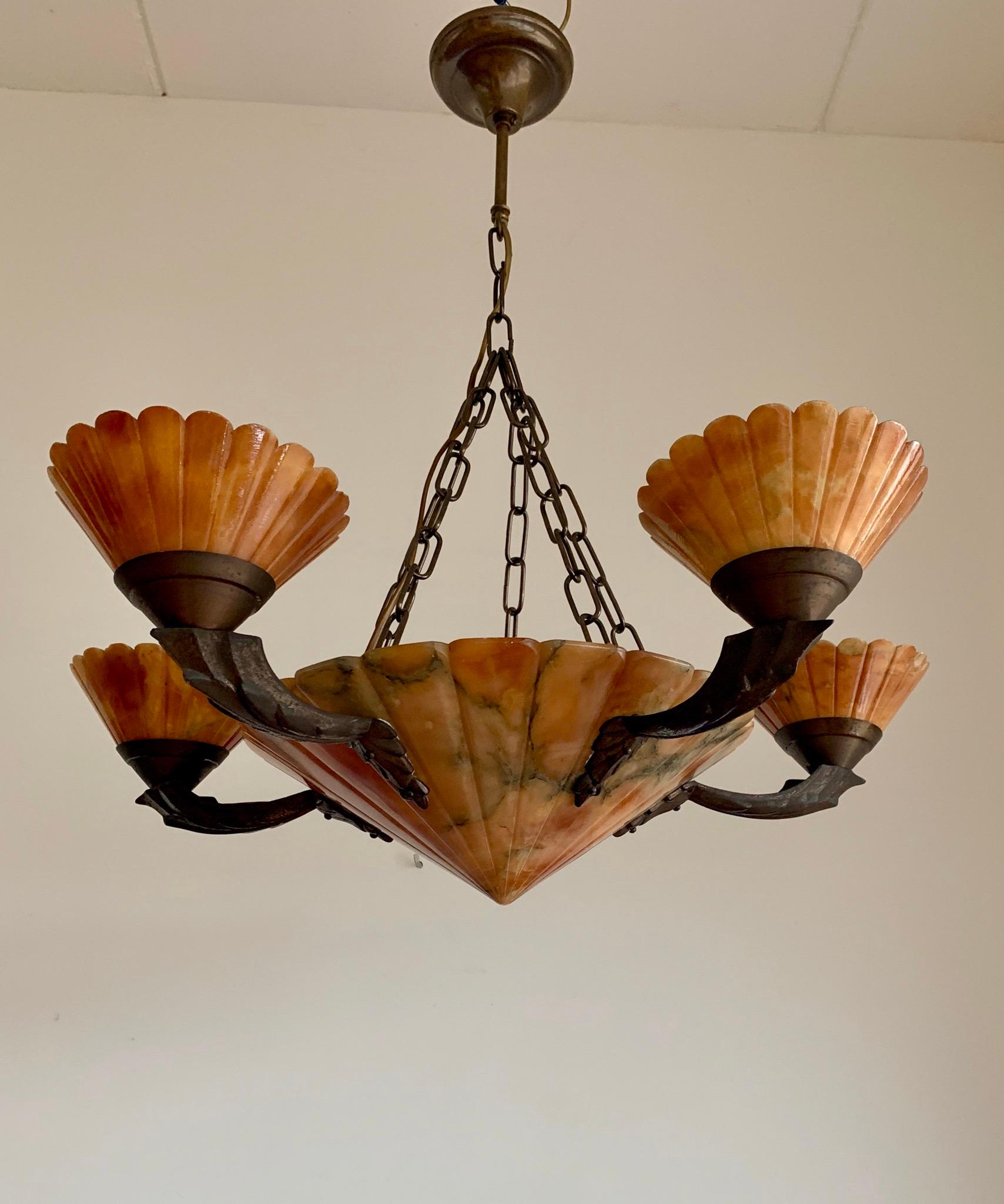 One of a Kind, Art Deco Exceptionally Designed, Six Light Alabaster Chandelier For Sale 8