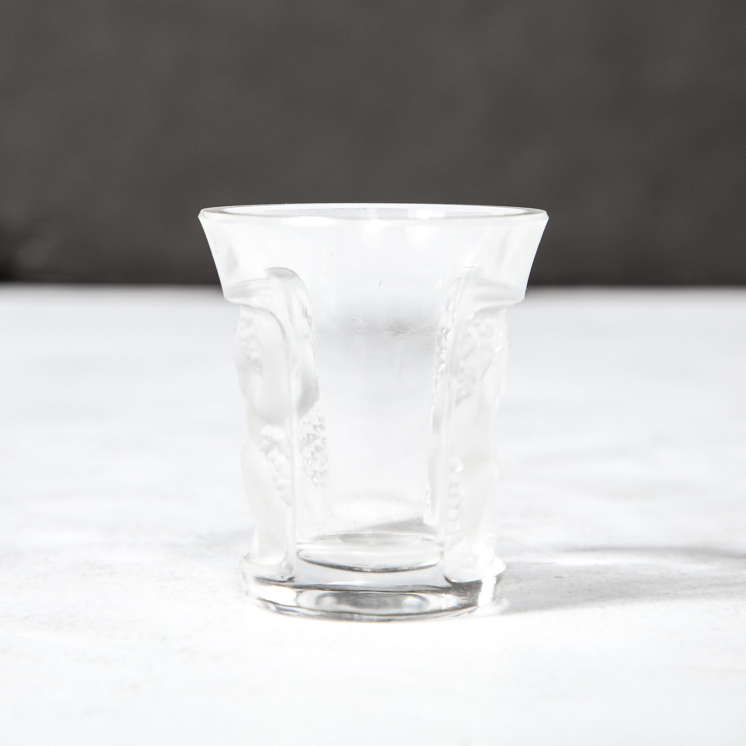 Early 20th Century Art Deco Shot Glass with Molded and Frosted Neoclassical Motifs signed Lalique
