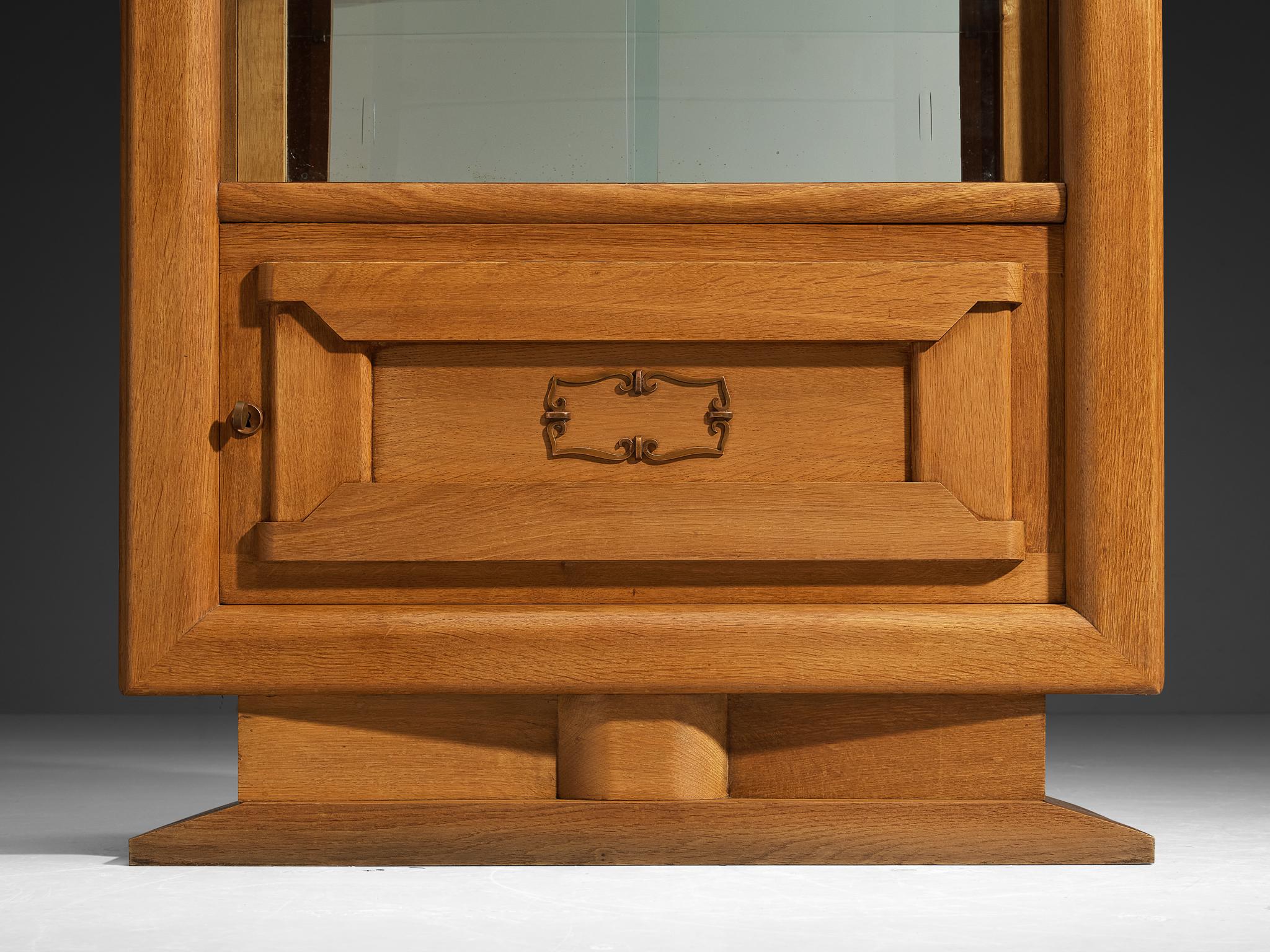 European Art Deco Showcase in Oak and Glass and Decorative Copper Detailing For Sale