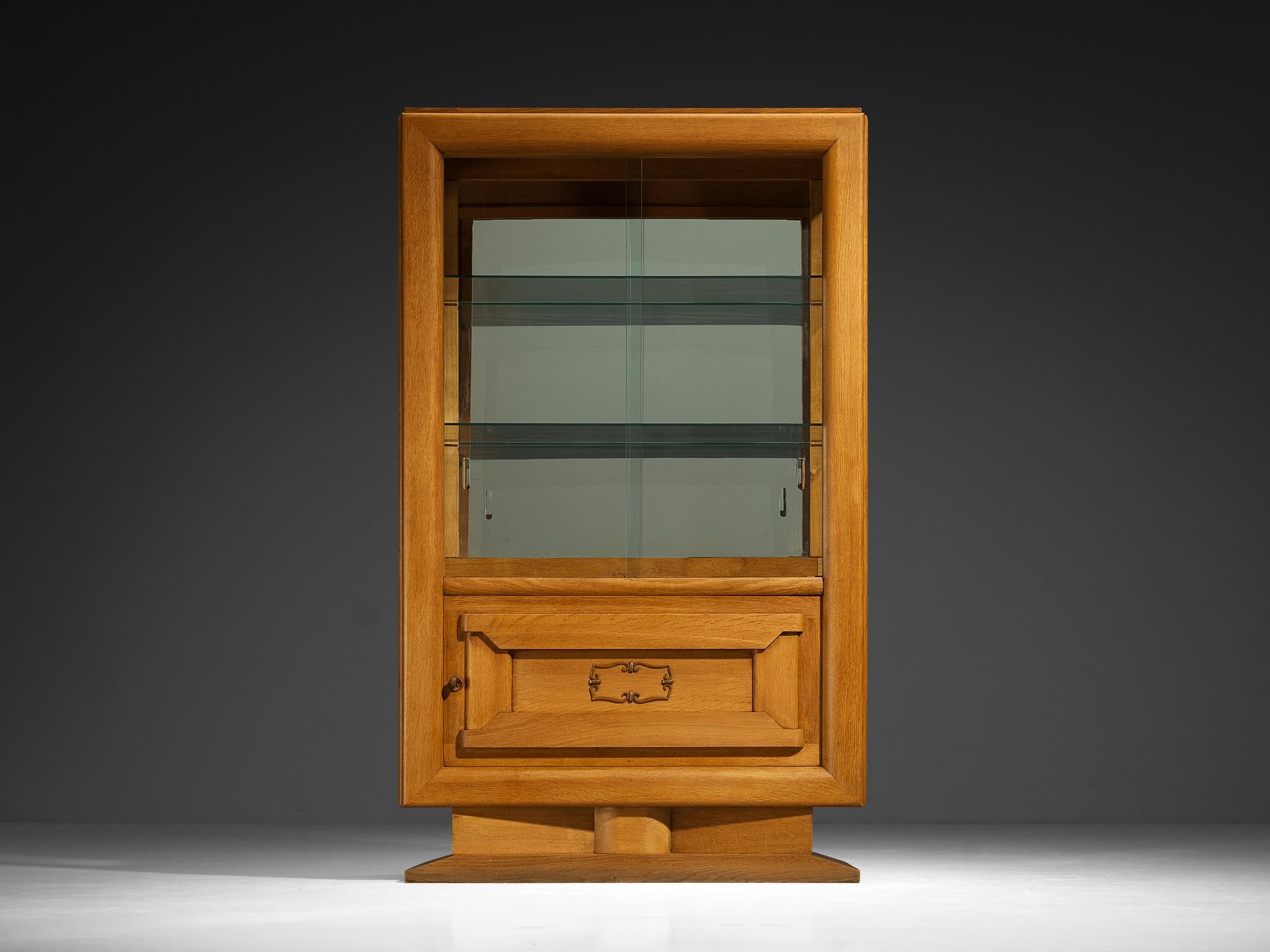 Brass Art Deco Showcase in Oak and Glass and Decorative Copper Detailing For Sale