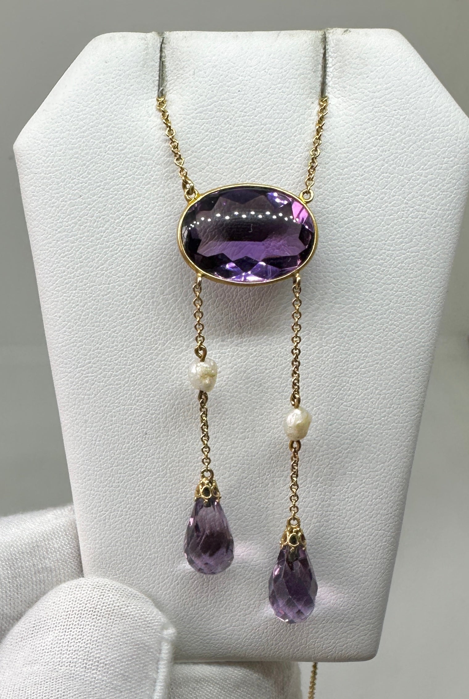 Briolette Cut Art Deco Siberian Amethyst Necklace Antique 14 Karat Gold Negligee Necklace For Sale