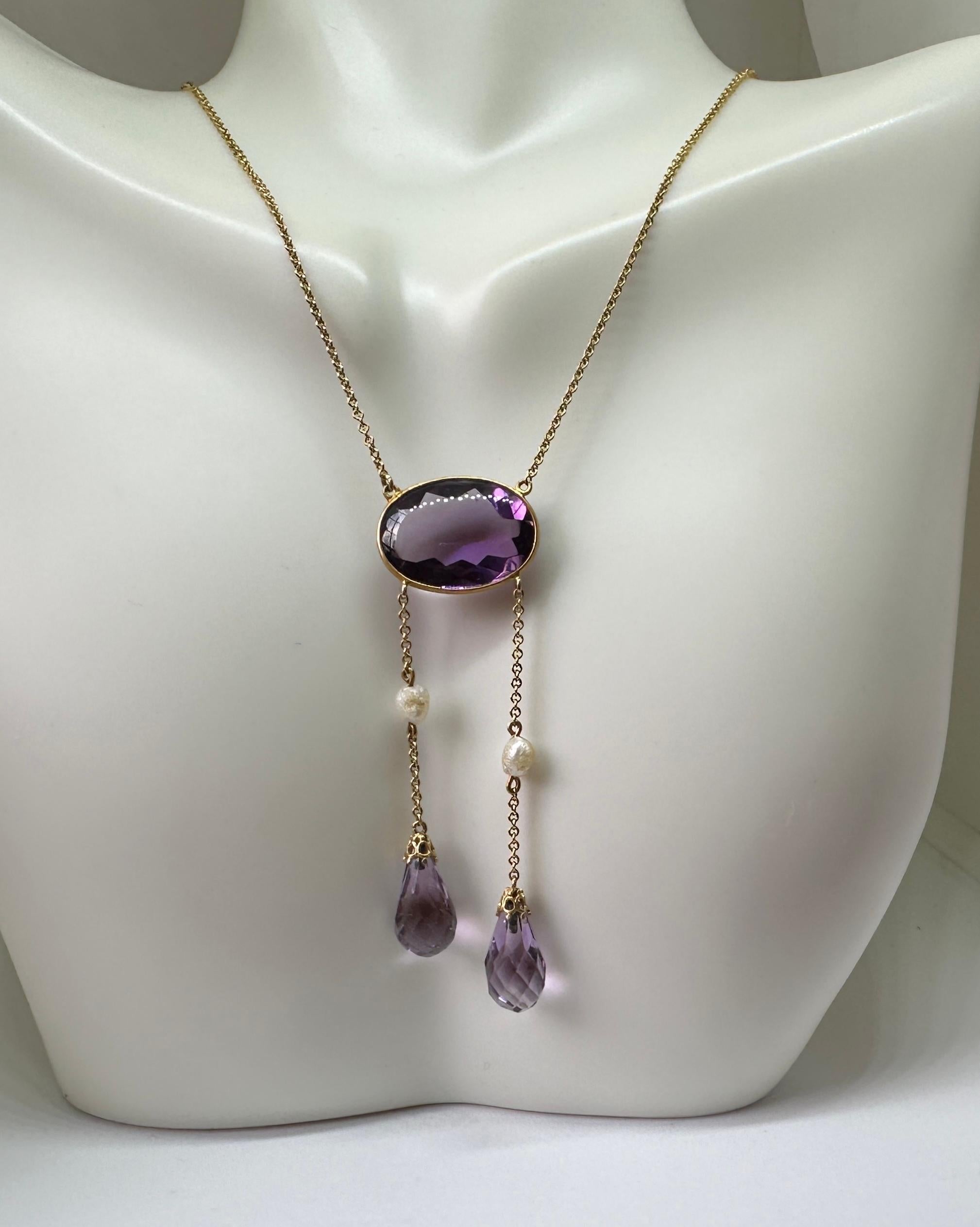 Art Deco Siberian Amethyst Necklace Antique 14 Karat Gold Negligee Necklace In Excellent Condition For Sale In New York, NY