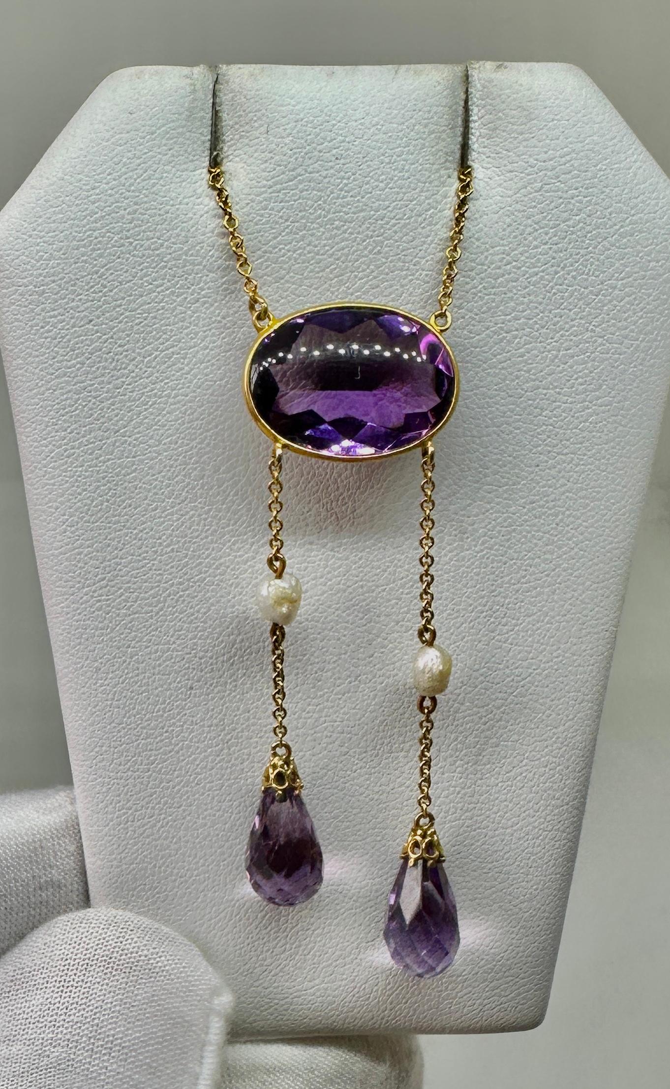 Women's Art Deco Siberian Amethyst Necklace Antique 14 Karat Gold Negligee Necklace For Sale
