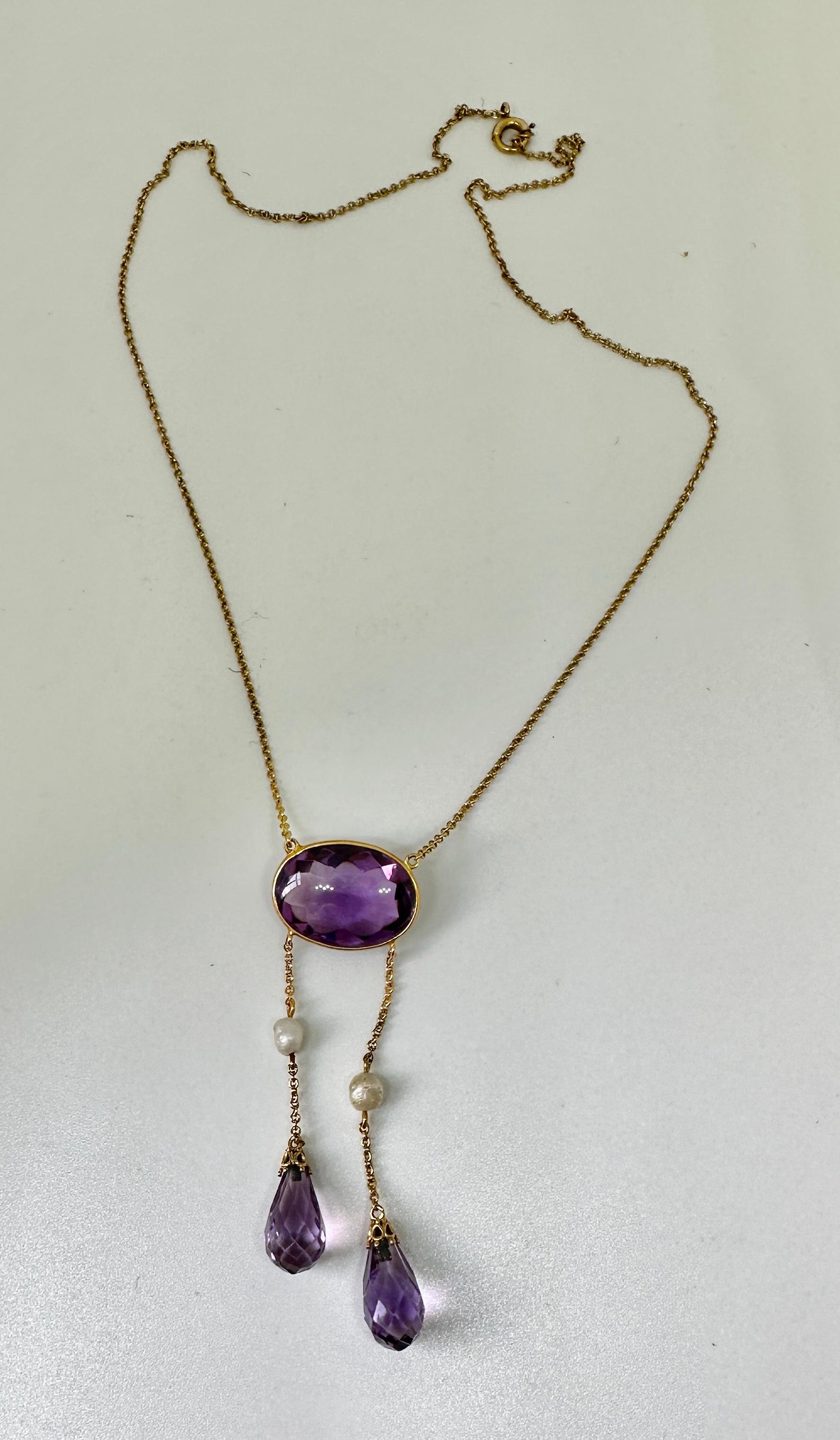 Art Deco Siberian Amethyst Necklace Antique 14 Karat Gold Negligee Necklace For Sale 1