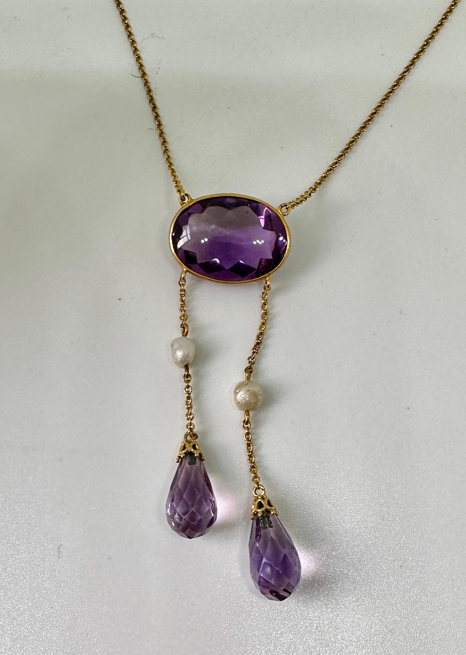 Art Deco Siberian Amethyst Necklace Antique 14 Karat Gold Negligee Necklace For Sale 2