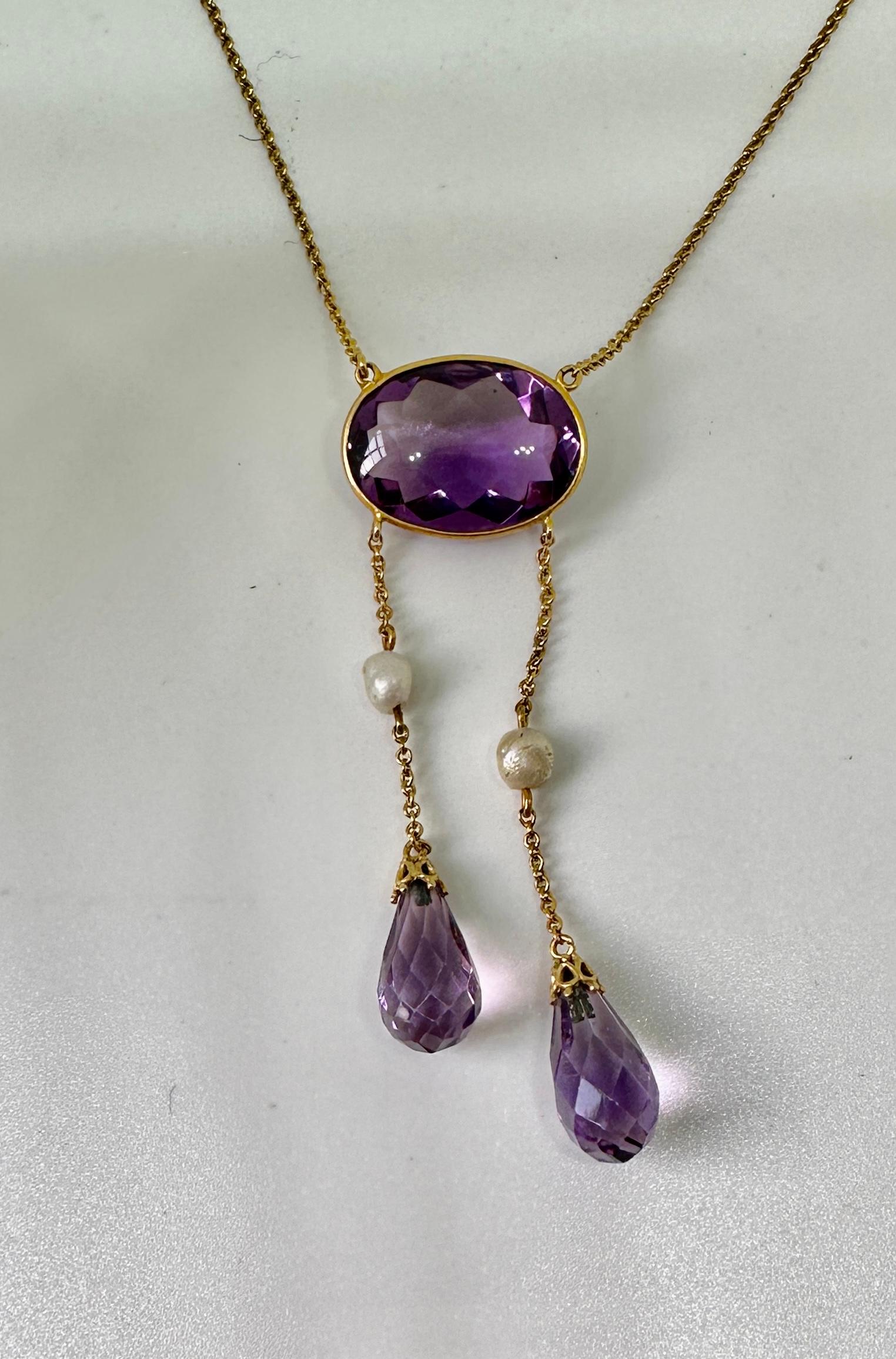 Art Deco Siberian Amethyst Necklace Antique 14 Karat Gold Negligee Necklace For Sale 3