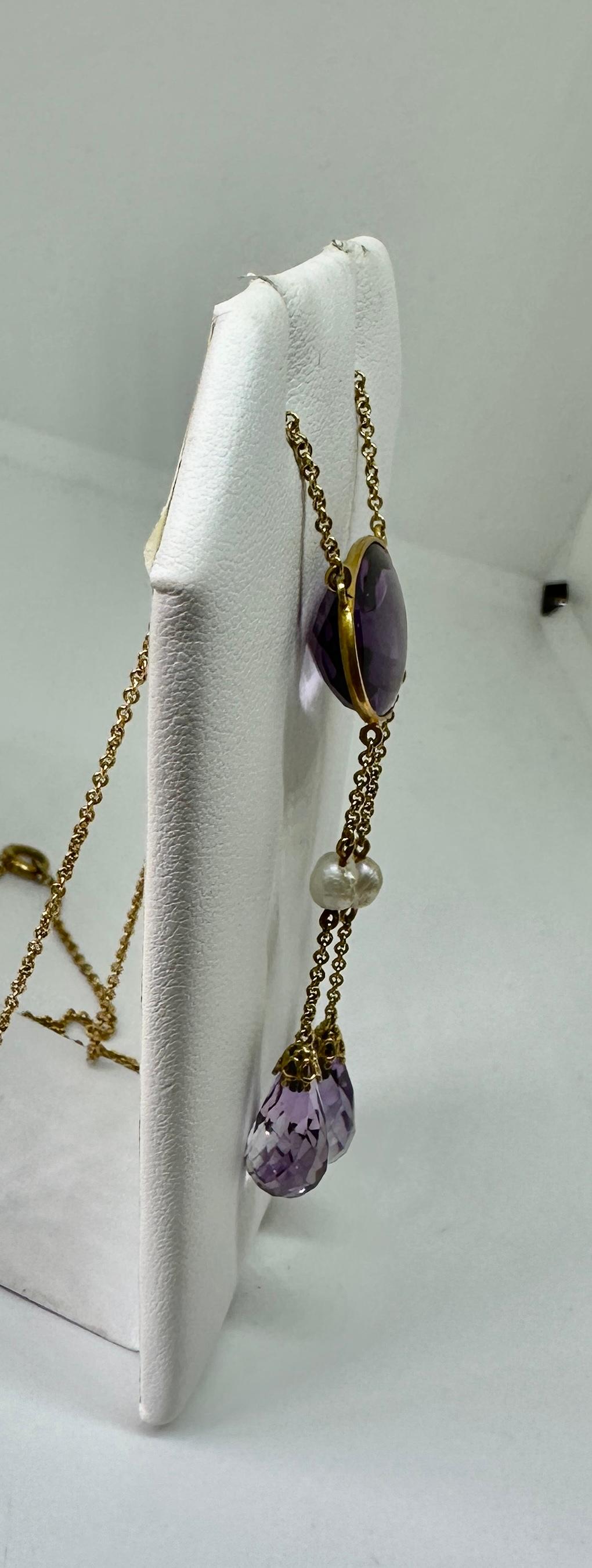 Art Deco Siberian Amethyst Necklace Antique 14 Karat Gold Negligee Necklace For Sale 4