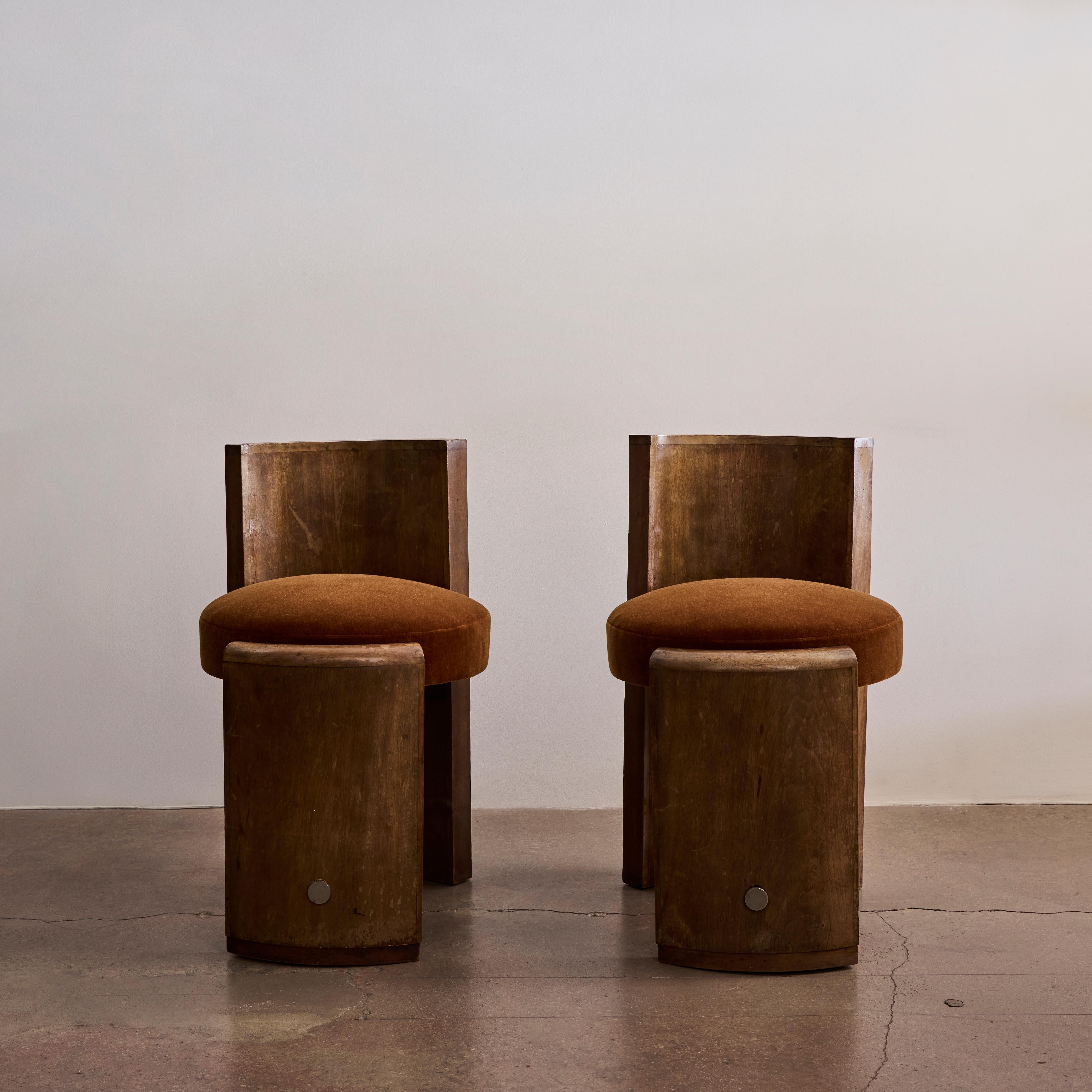 Art deco side chairs or vanity chairs. Made in France circa 1930s. Newly upholstered with Italian mohair fabric. 