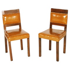 Art Deco Side Chairs, Solid Walnut with Original Leather Upholstery of the Time
