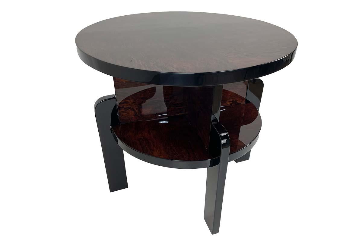 French Art Deco Side Table Around 1930 with Beautiful Veneer and Black Highcloss For Sale