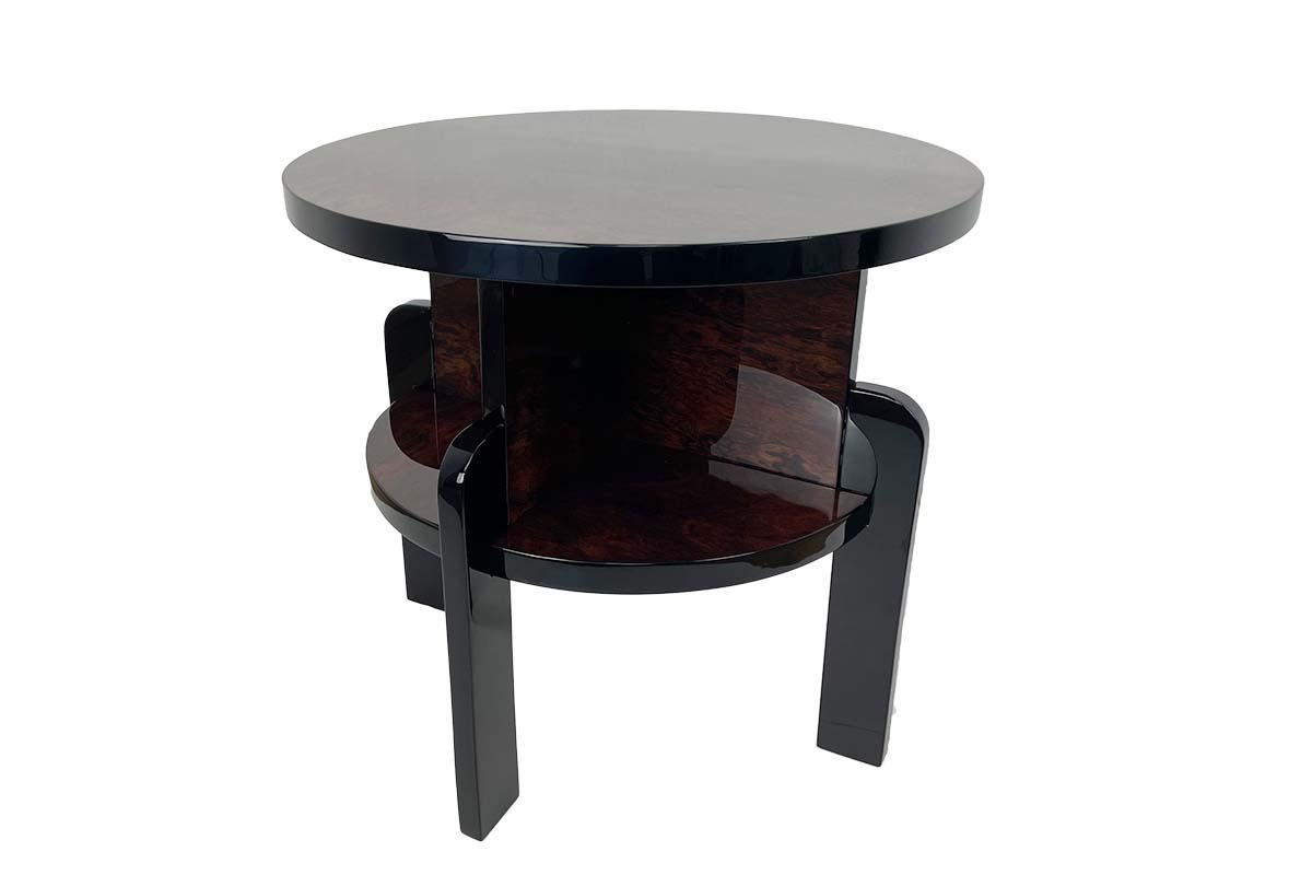 Art Deco Side Table Around 1930 with Beautiful Veneer and Black Highcloss In Good Condition For Sale In Greven, DE