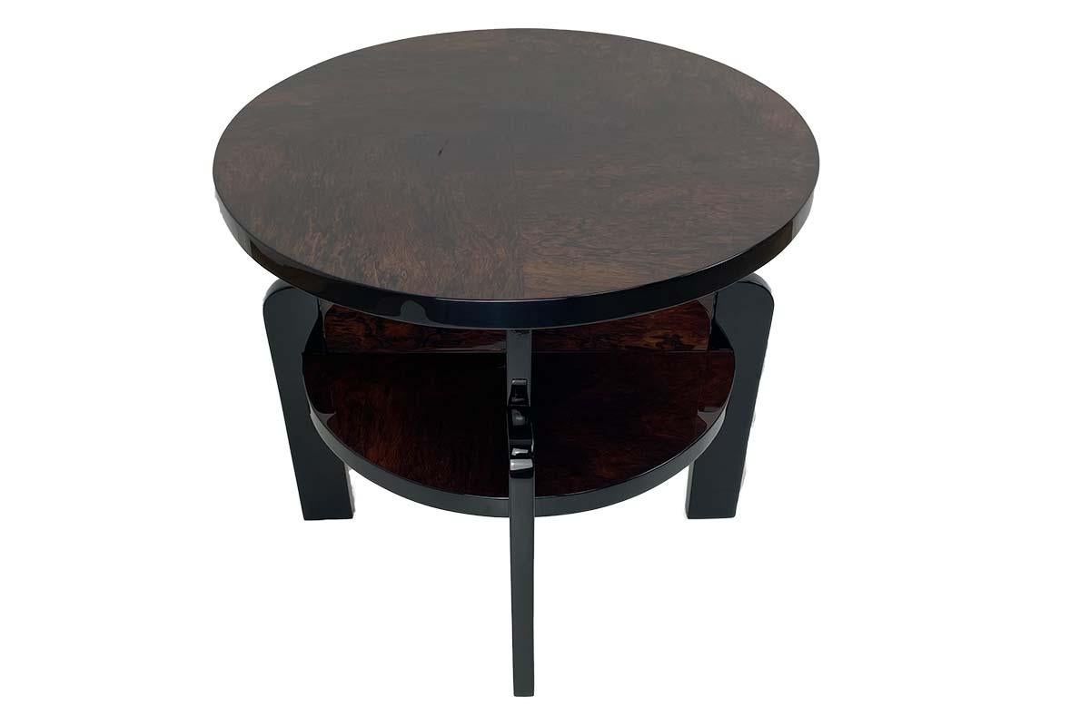 Mid-20th Century Art Deco Side Table Around 1930 with Beautiful Veneer and Black Highcloss For Sale