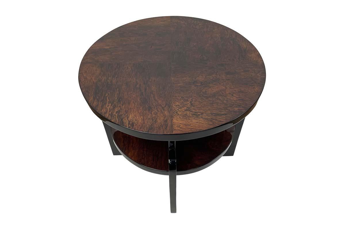 Beech Art Deco Side Table Around 1930 with Beautiful Veneer and Black Highcloss For Sale