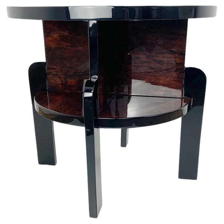 Art Deco Side Table Around 1930 with Beautiful Veneer and Black Highcloss For Sale