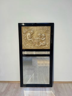 Large Art Deco Wall Mirror with Relief, Black Lacquer & White-Gold France c 1930
