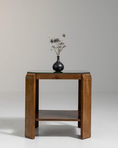 Art Deco Side Table, Brown Wood with Glass, French Design, 1920s