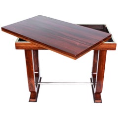 Art Deco Side Table Fold Out Top Chrome Stretcher French circa 1930 Walnut
