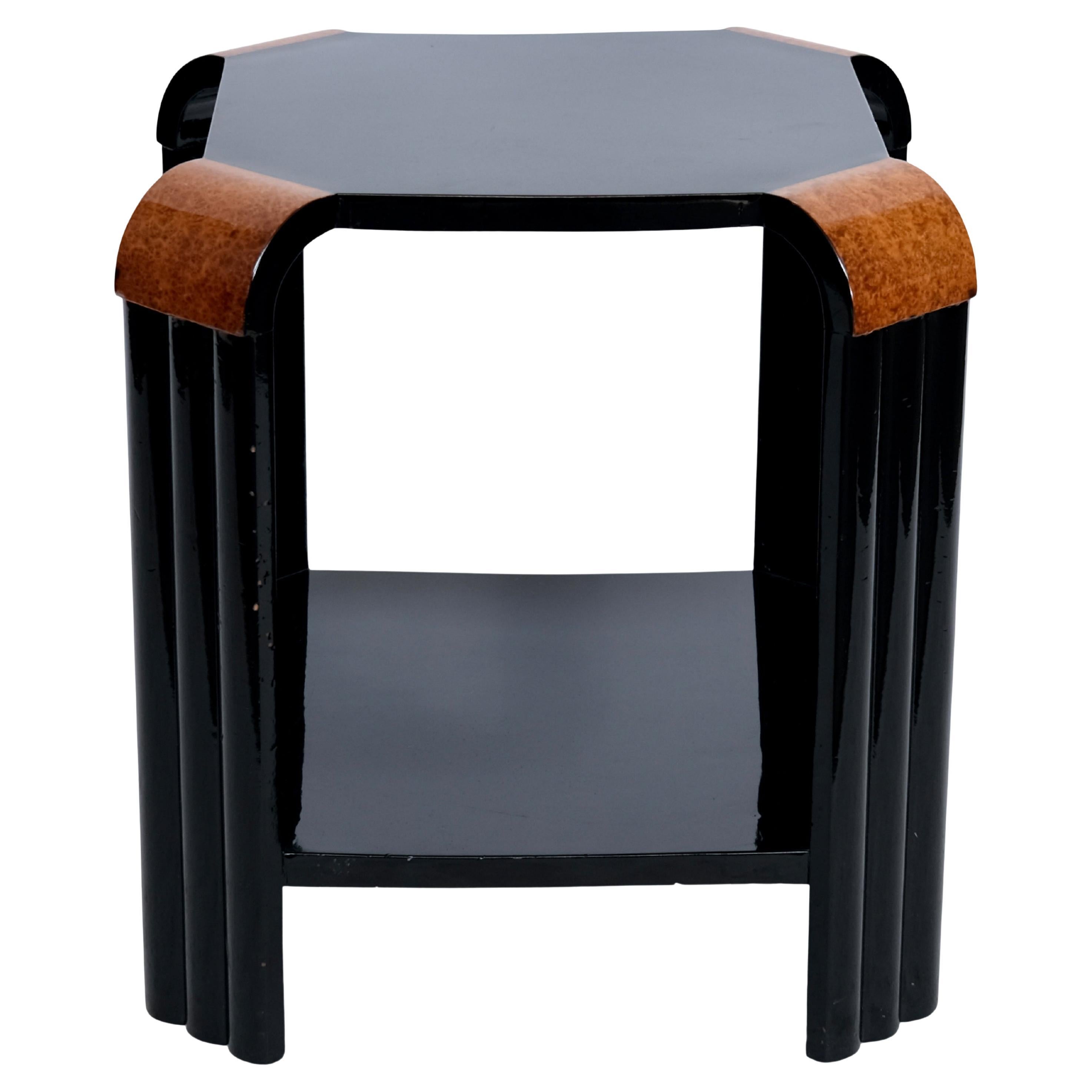 Art Deco Side Table in Black Piano Lacquer with Burl Wood Details