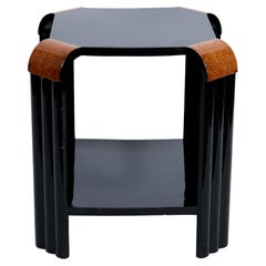 Art Deco Side Table in Black Piano Lacquer with Burl Wood Details