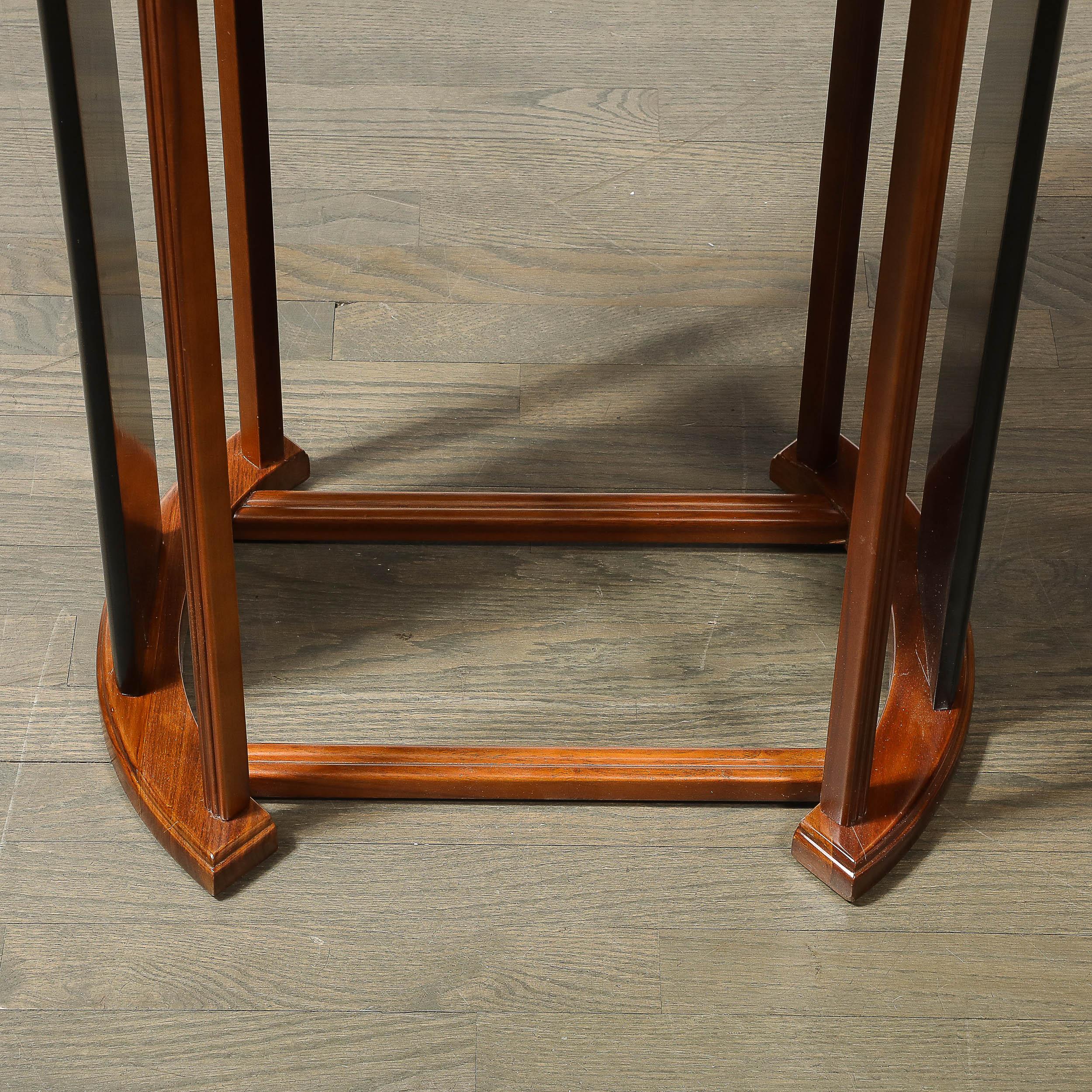Art Deco Side Table in Book-Matched Walnut & Black Lacquer Fluted Supports For Sale 5
