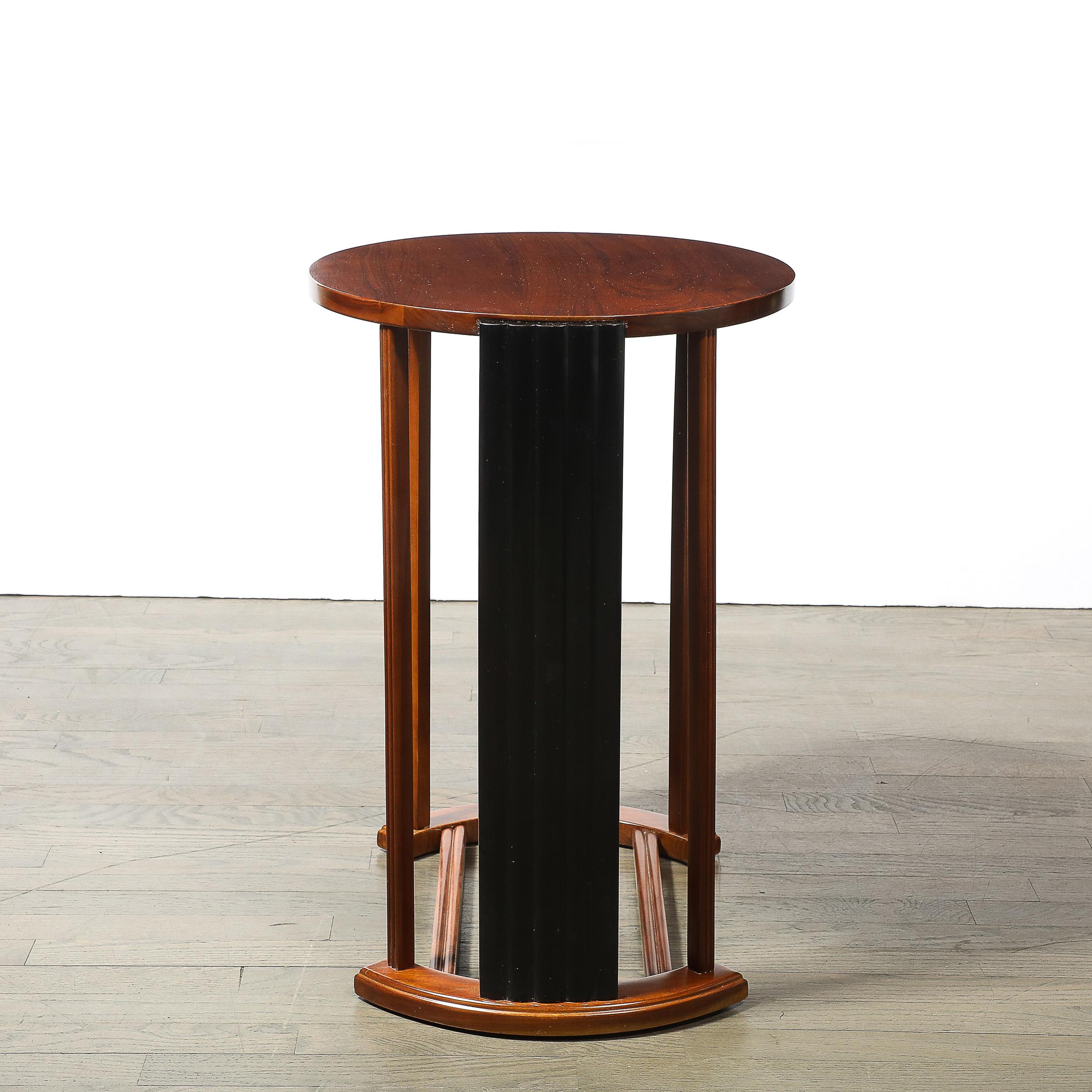 American Art Deco Side Table in Book-Matched Walnut & Black Lacquer Fluted Supports For Sale