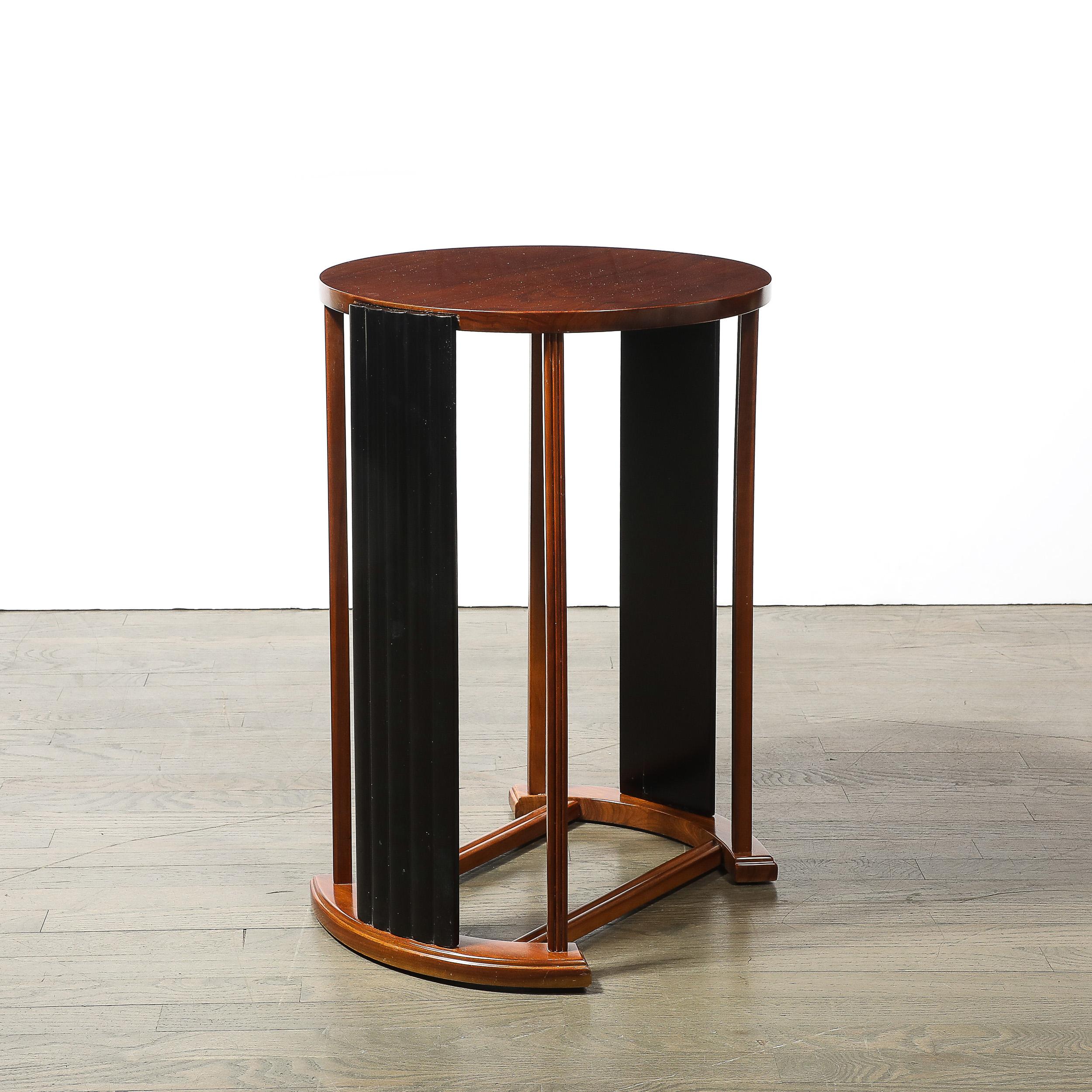 Art Deco Side Table in Book-Matched Walnut & Black Lacquer Fluted Supports In Excellent Condition For Sale In New York, NY