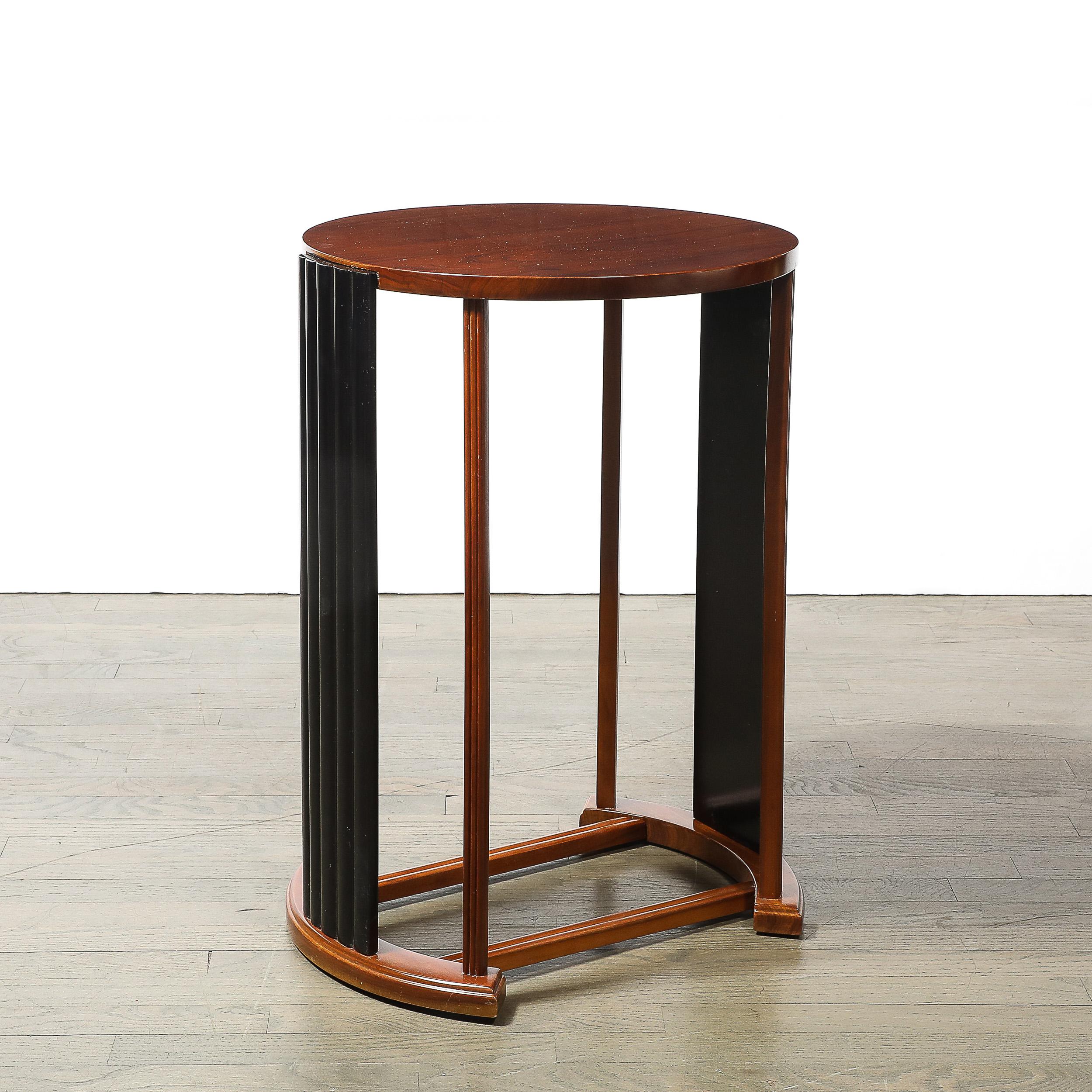 Mid-20th Century Art Deco Side Table in Book-Matched Walnut & Black Lacquer Fluted Supports For Sale