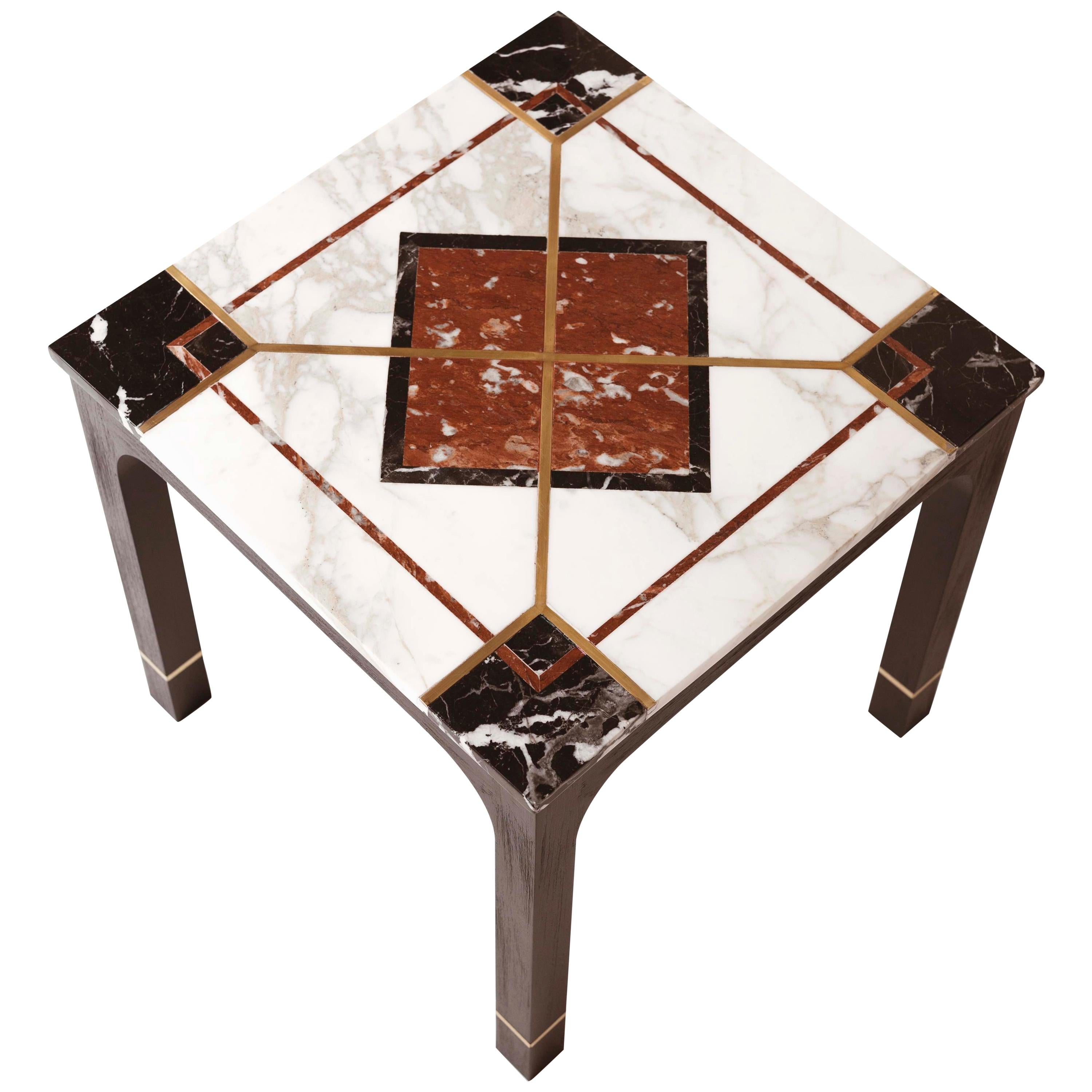 Art-déco-Beistelltisch aus Eiche mit Bronze-Intarsien und Marmorbezug mit Messing 2