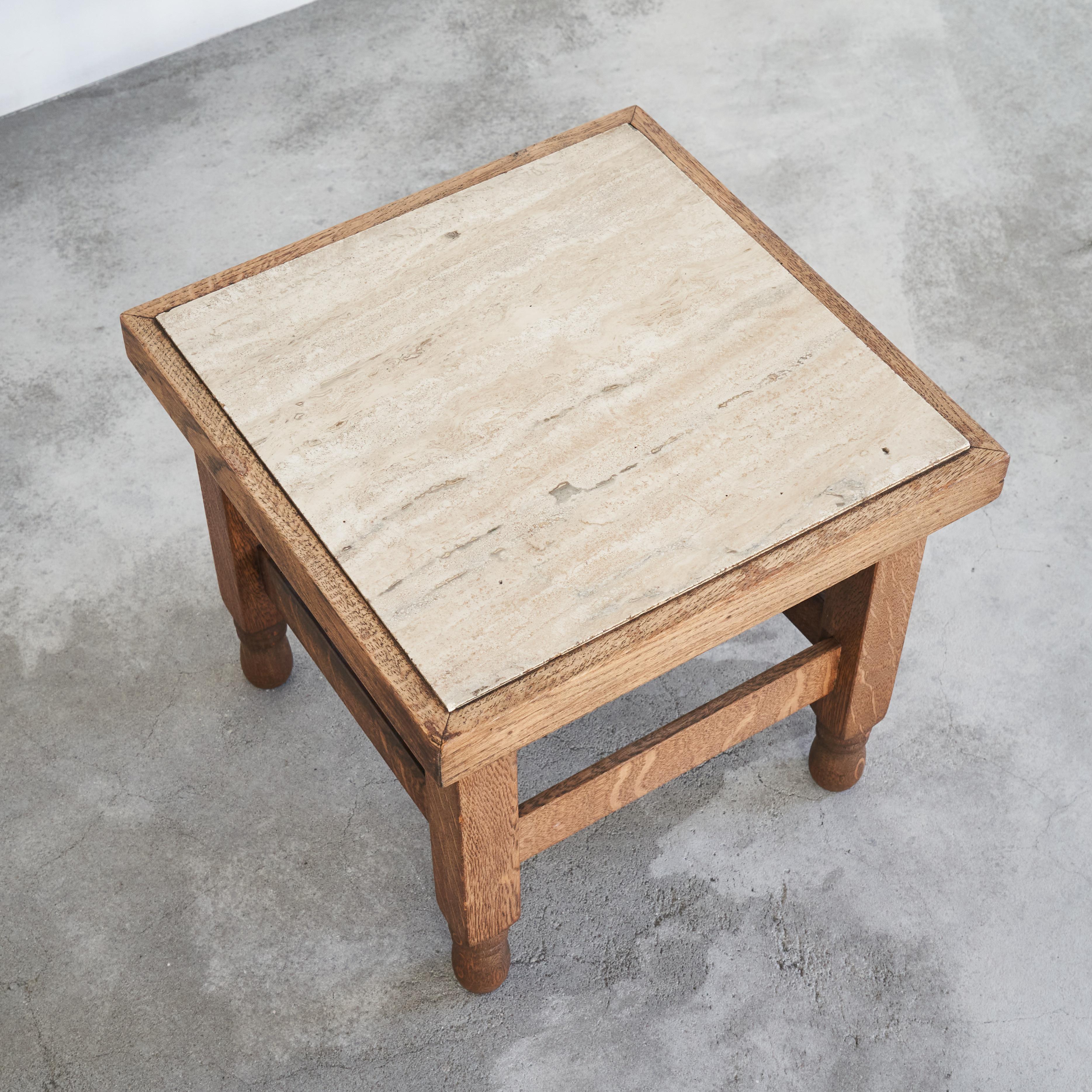 European Art Deco Side Table in Solid Oak and Travertine 1930s For Sale