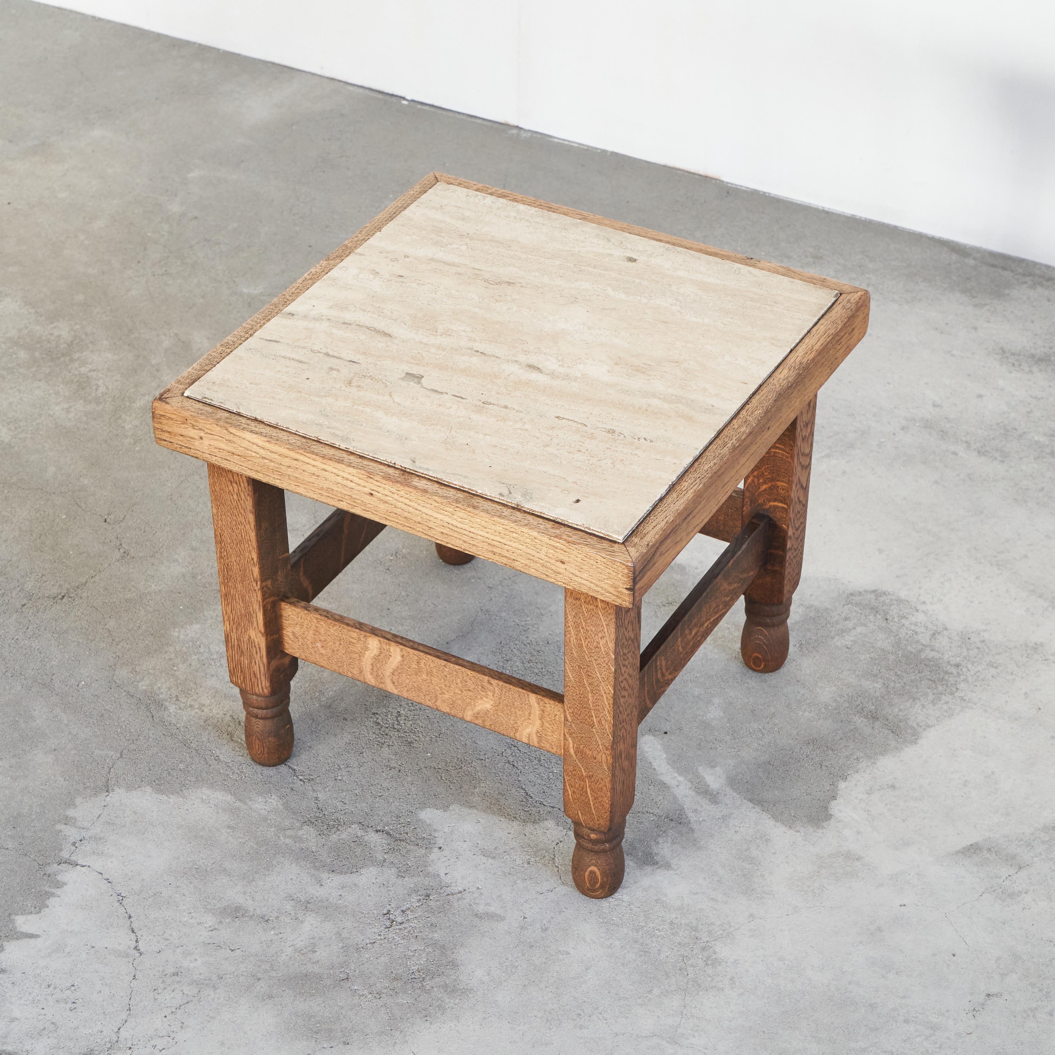 20th Century Art Deco Side Table in Solid Oak and Travertine 1930s For Sale