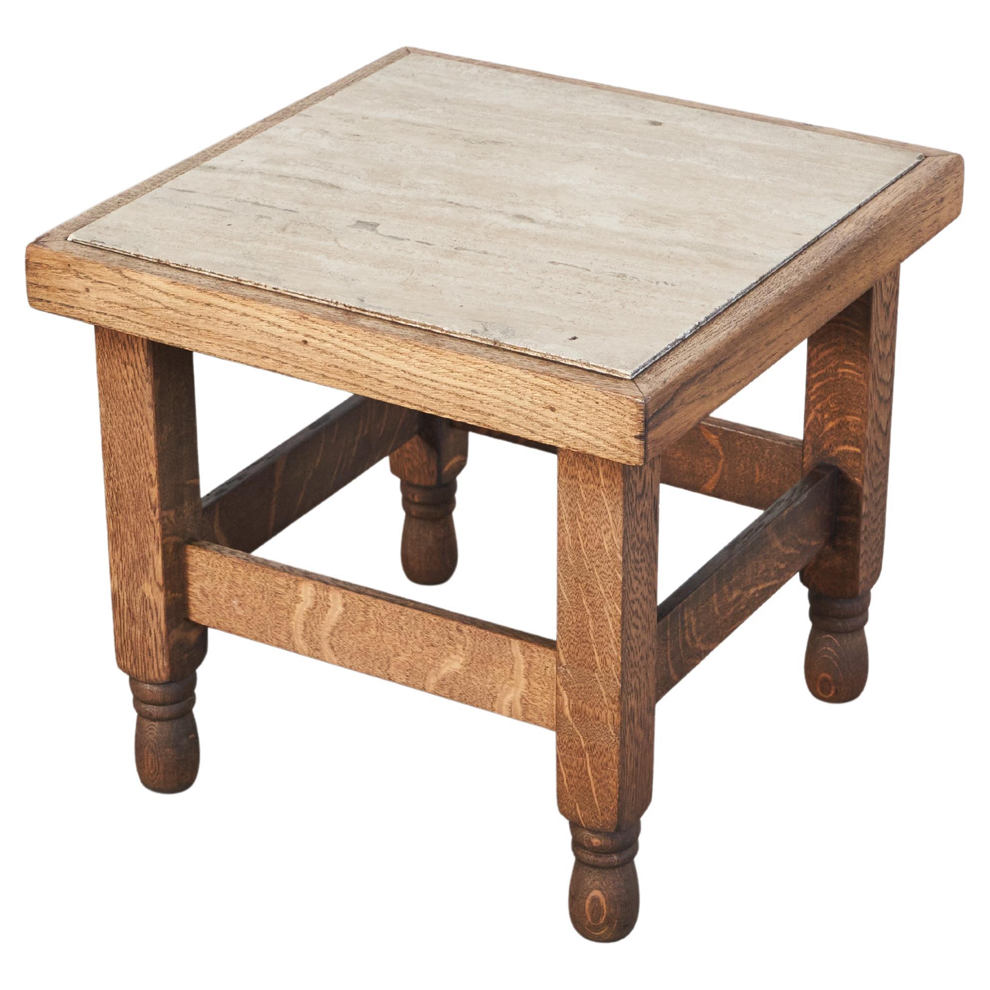 Art Deco Side Table in Solid Oak and Travertine 1930s For Sale