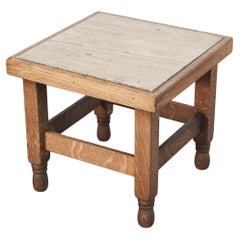 Antique Art Deco Side Table in Solid Oak and Travertine 1930s