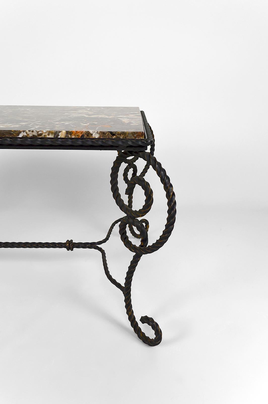 Art Deco Side Table in Wrought Iron and Marble Top, France, circa 1940 For Sale 7