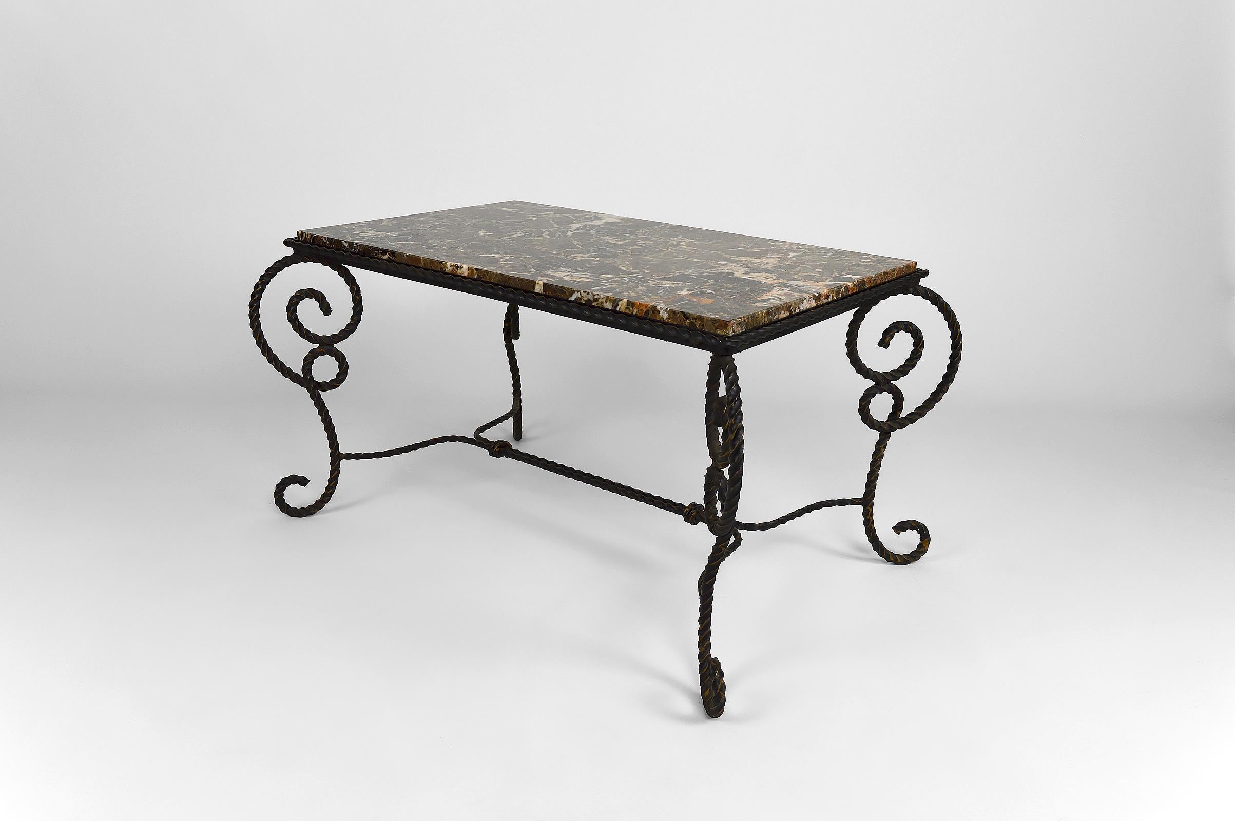 French Art Deco Side Table in Wrought Iron and Marble Top, France, circa 1940 For Sale
