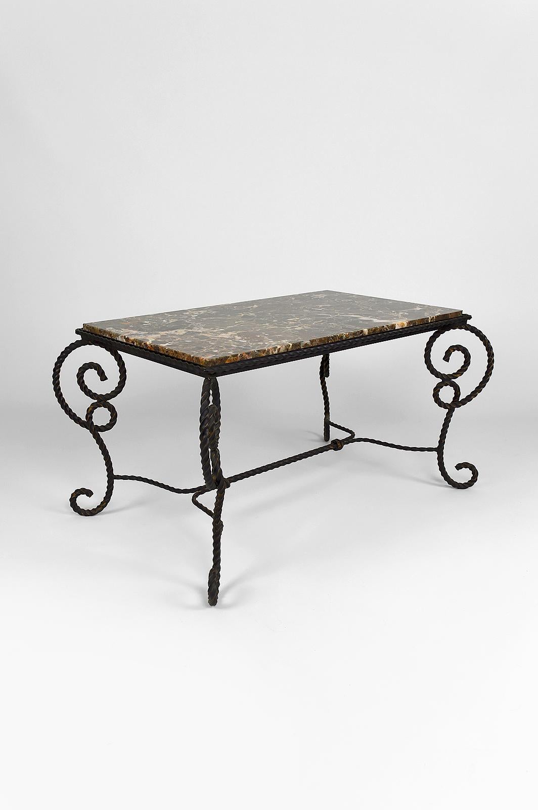 Mid-20th Century Art Deco Side Table in Wrought Iron and Marble Top, France, circa 1940 For Sale