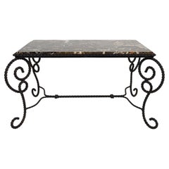 Art Deco Side Table in Wrought Iron and Marble Top, France, circa 1940