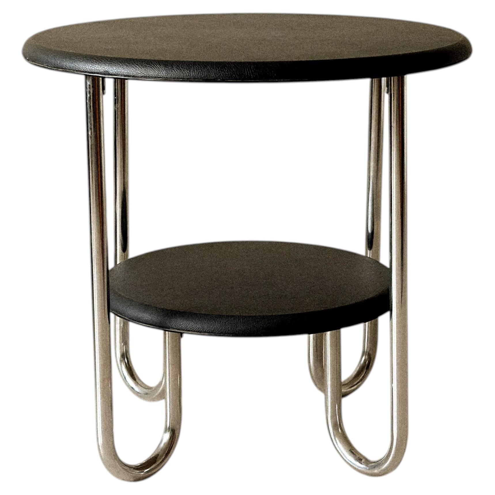 Art Deco Side Table, Leather Top, Tubular Steel Legs, France, 1960s