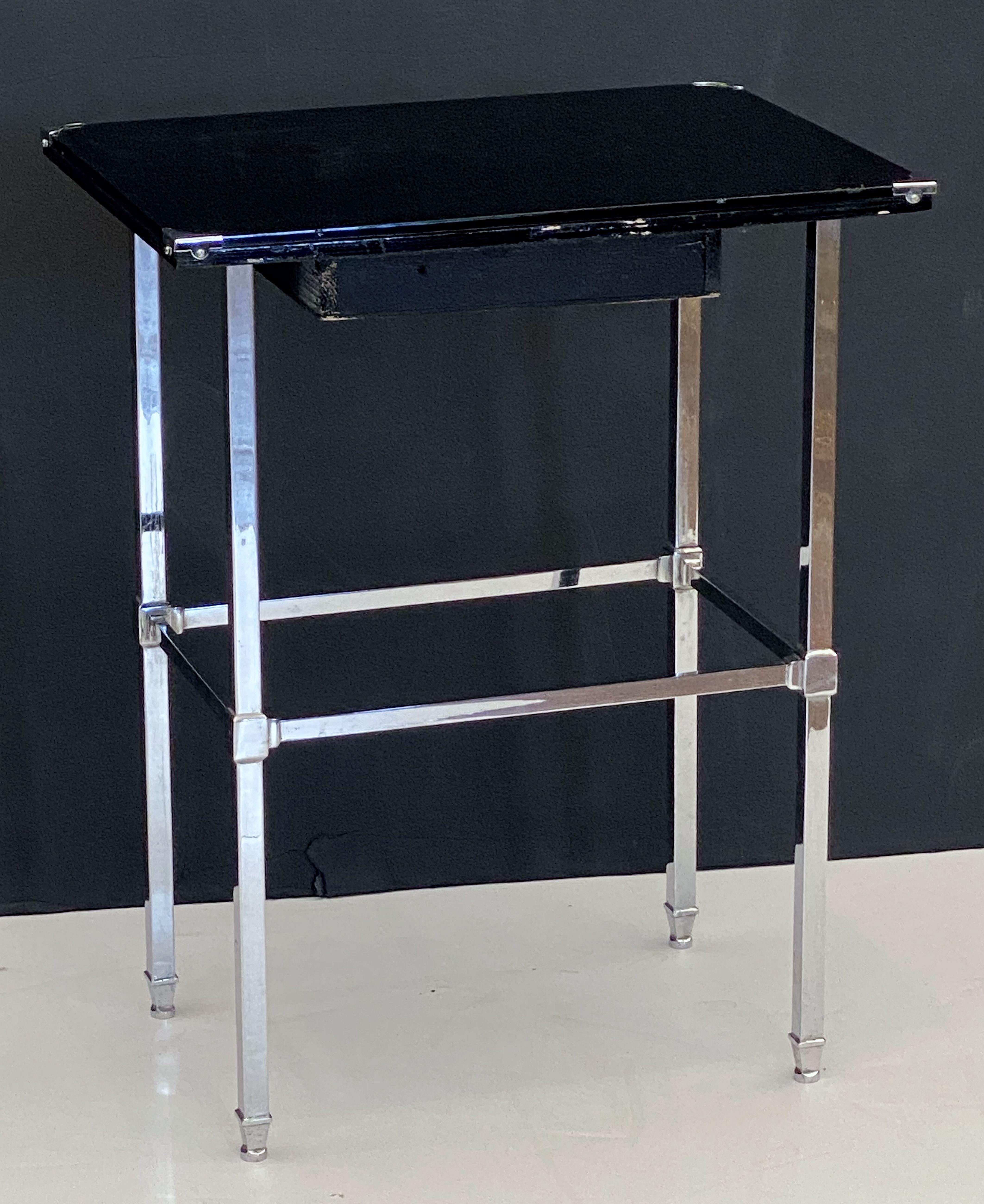 Art Deco Side Table of Black and Chrome with Drawer from England For Sale 7