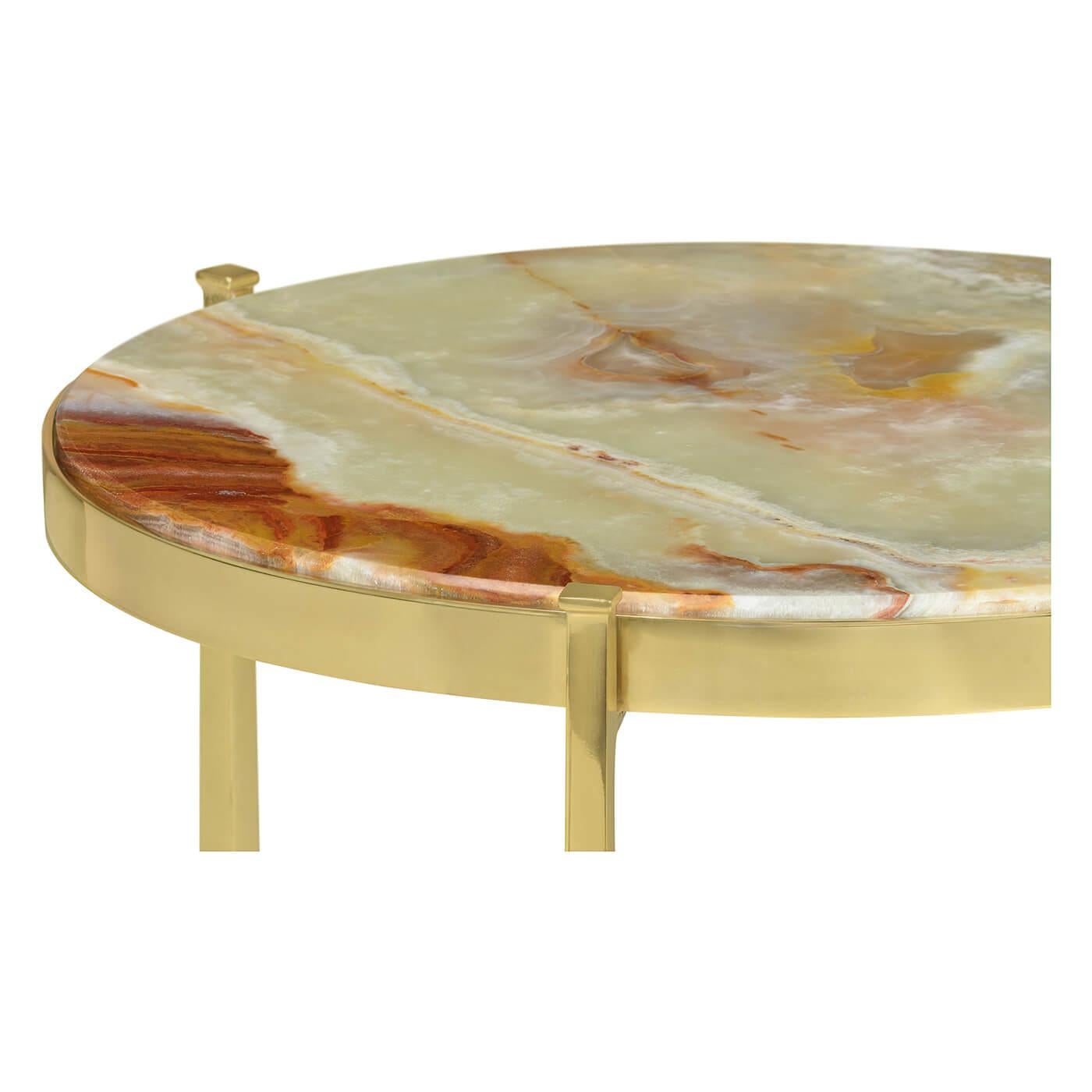 Art Deco style side table with an onyx stone top, on a solid brass three-legged base with tapered square column forms legs and a triple stretcher.

Dimensions: 20 1/8