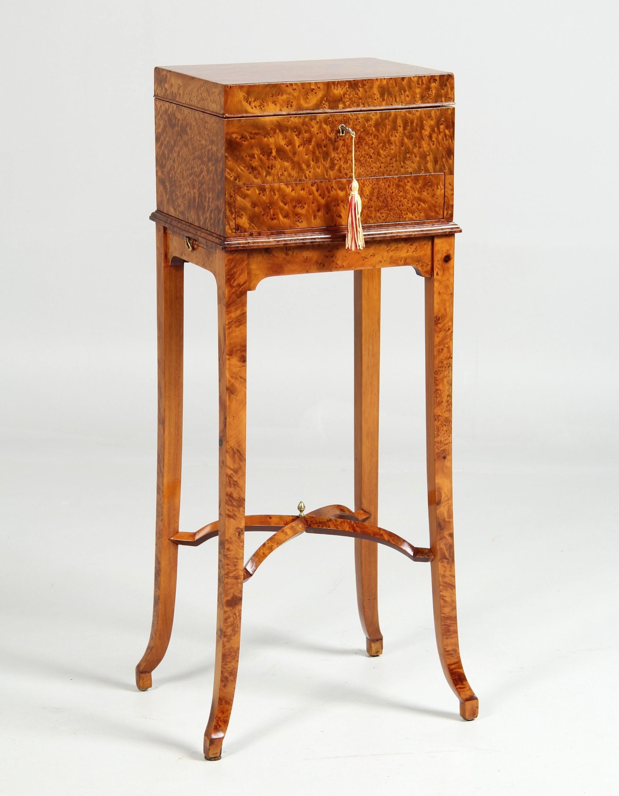 Antique Side Table with Interesting Drawer Mechanism

England
Birdseye maple
Art Deco circa 1920

Dimensions: H x W x D: 83 x 32 x 26 cm

Description:
Elegant piece of furniture standing on high legs with cross bracing. The legs are slightly flared