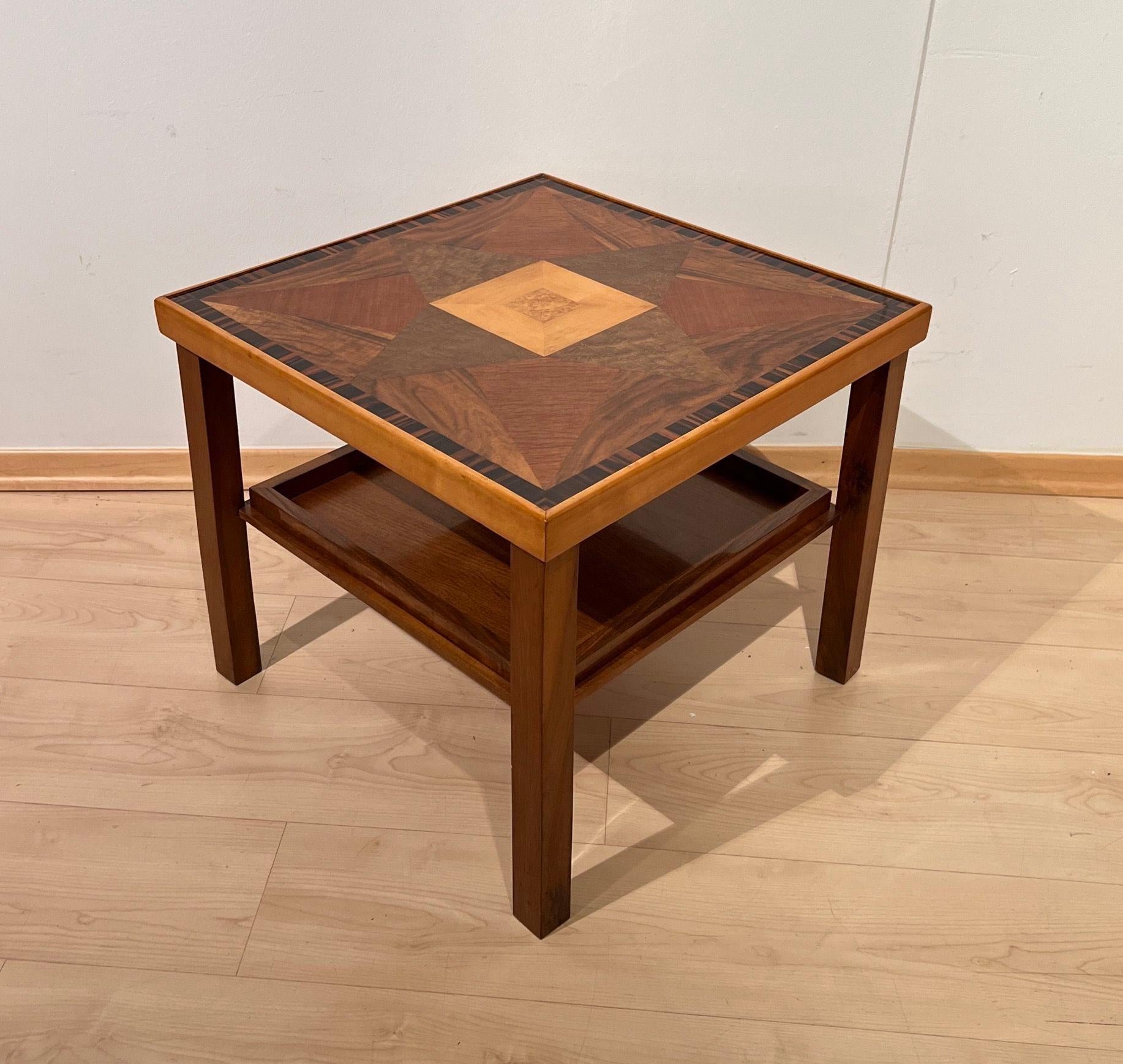Art Deco Side Table, Walnut, Precious Woods, Lacquer, France circa 1940 4
